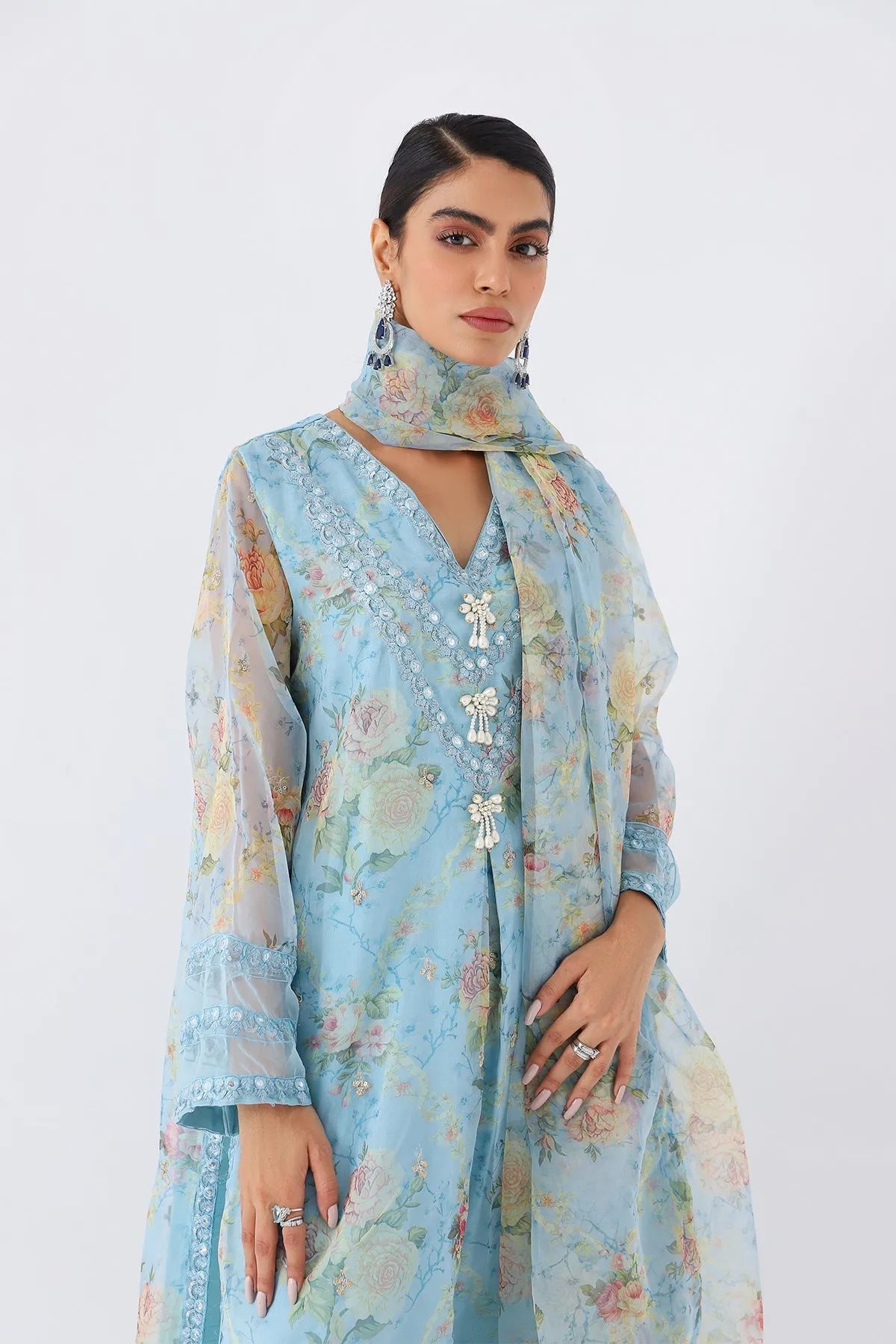 3-Pc Printed Organza Shirt with raw-silk trouser with Organza dupatta SCPM3-055