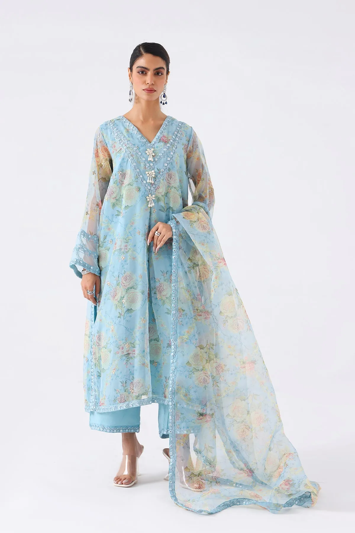 3-Pc Printed Organza Shirt with raw-silk trouser with Organza dupatta SCPM3-055