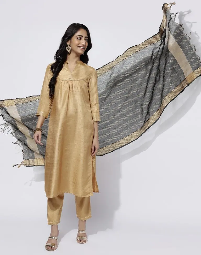 Beige Plain Silk Straight Kurta With Pant And Dupatta