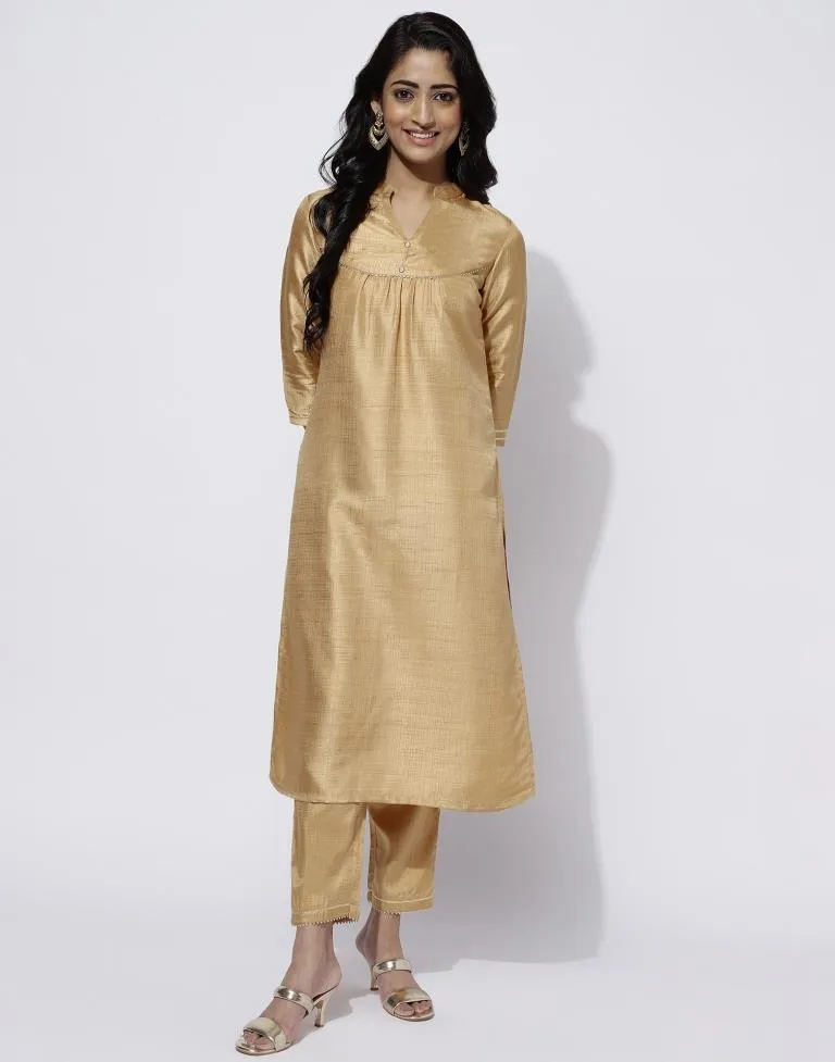 Beige Plain Silk Straight Kurta With Pant And Dupatta