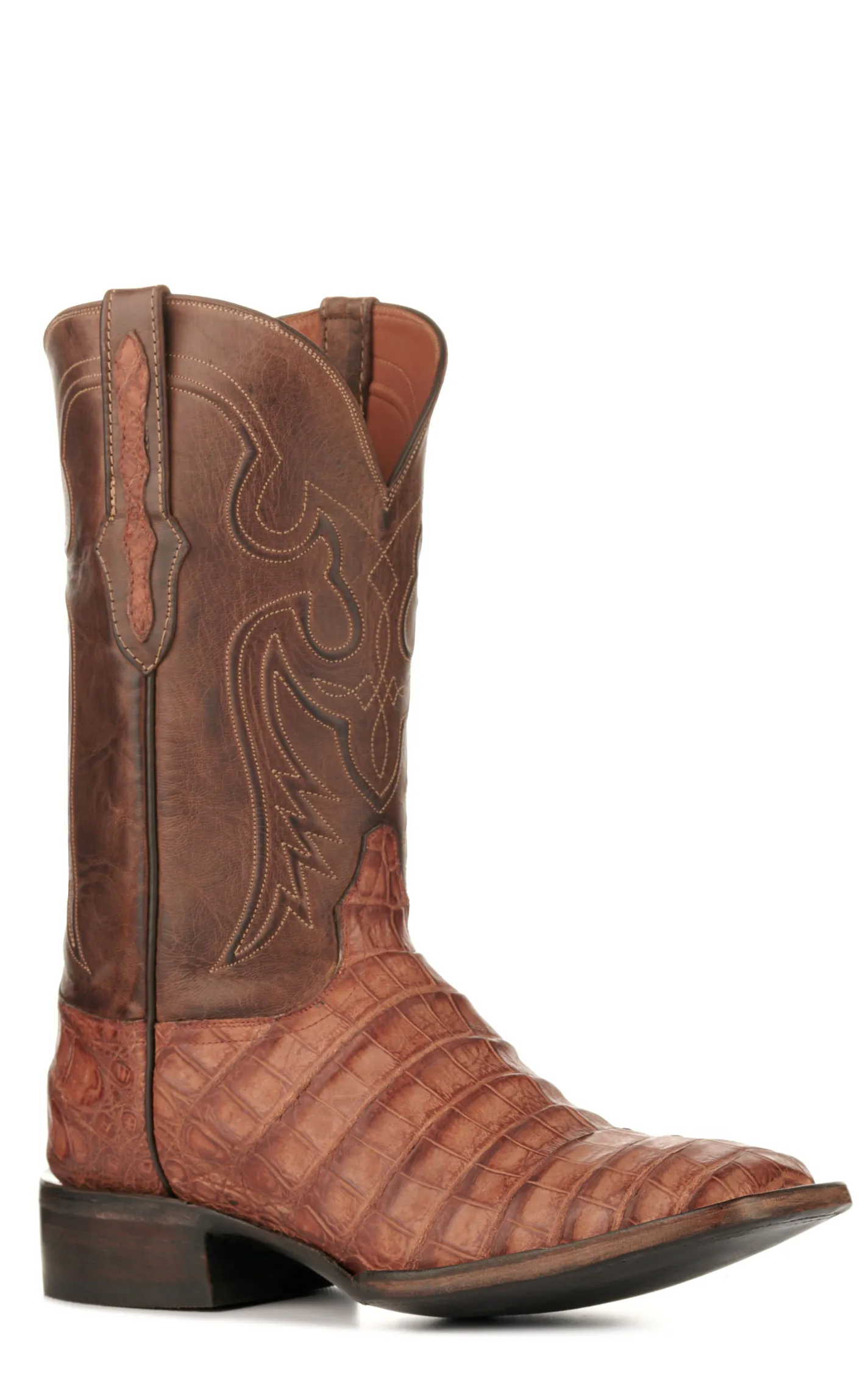 Black Jack Men's Burnished Barnwood and Brown Caiman Belly Wide Square Toe Exotic Cowboy Boots