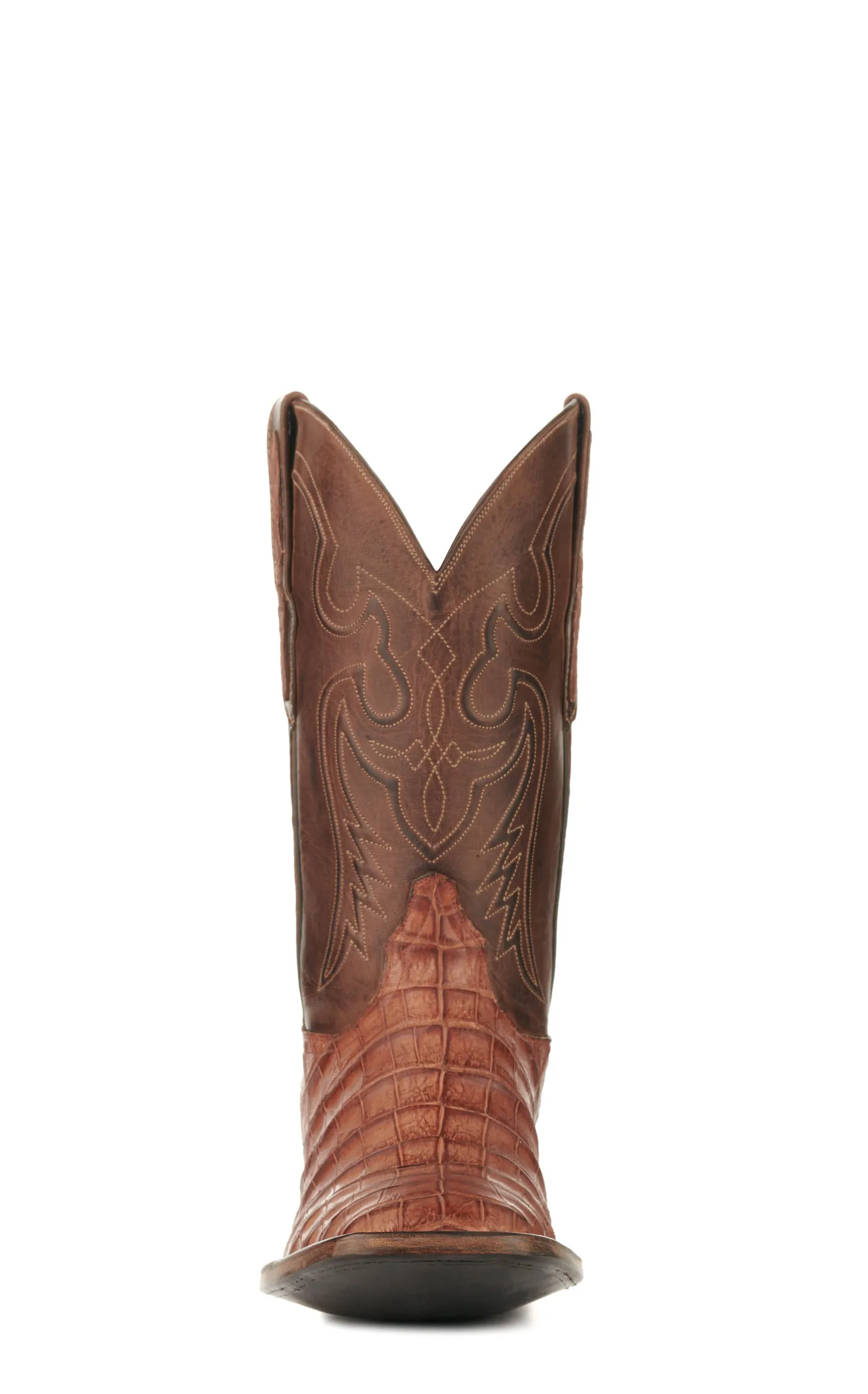 Black Jack Men's Burnished Barnwood and Brown Caiman Belly Wide Square Toe Exotic Cowboy Boots