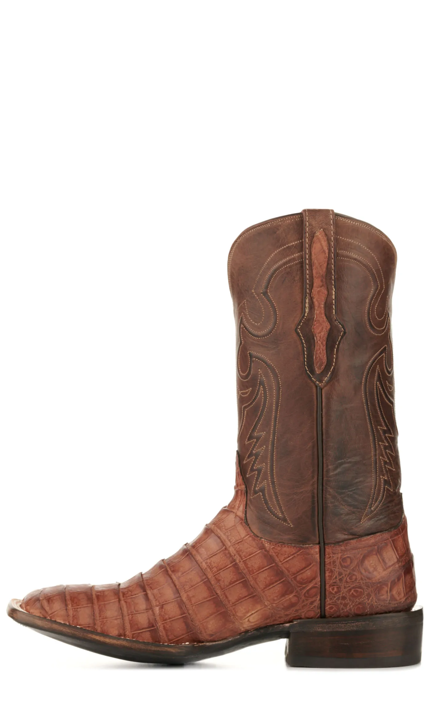 Black Jack Men's Burnished Barnwood and Brown Caiman Belly Wide Square Toe Exotic Cowboy Boots