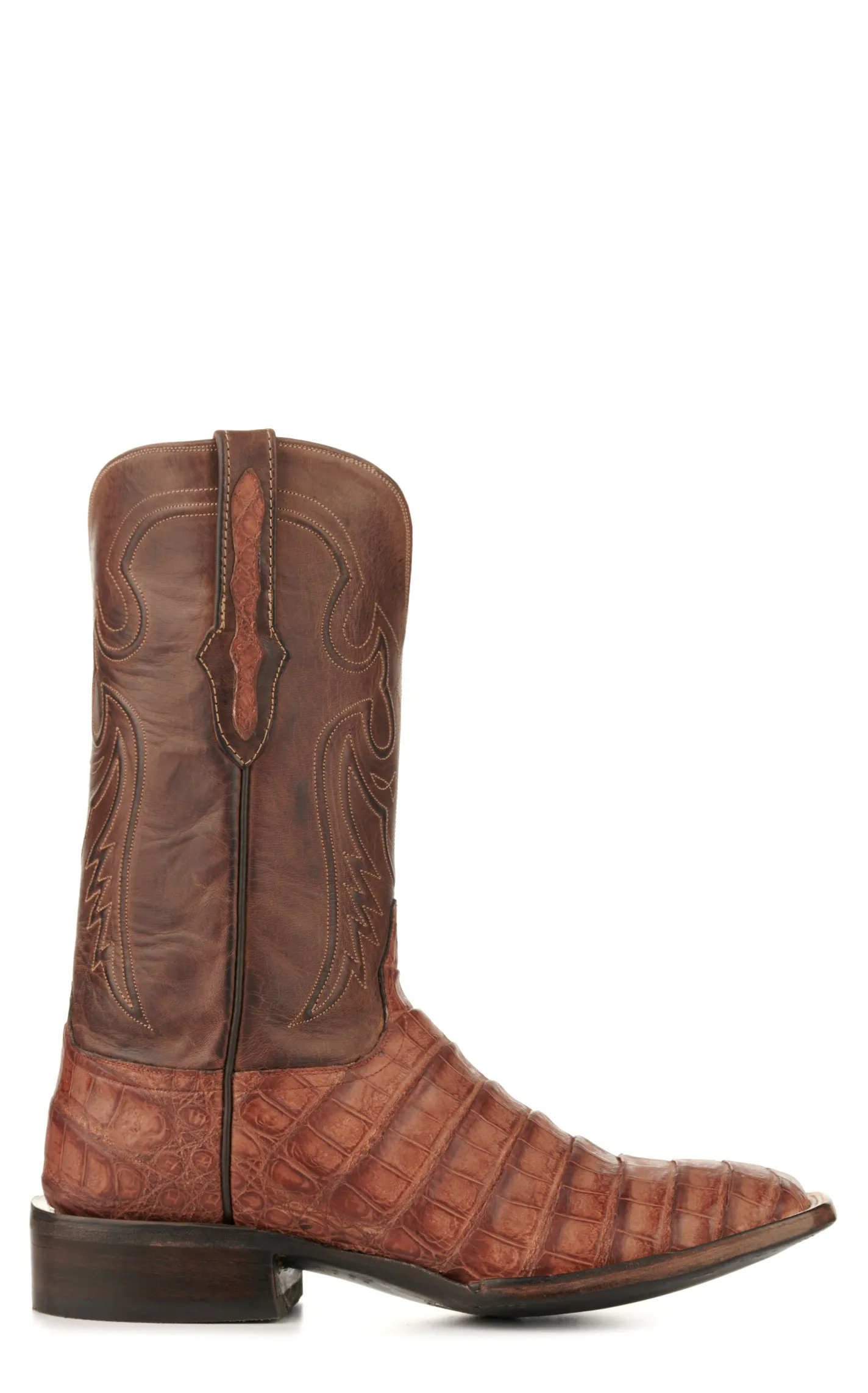 Black Jack Men's Burnished Barnwood and Brown Caiman Belly Wide Square Toe Exotic Cowboy Boots