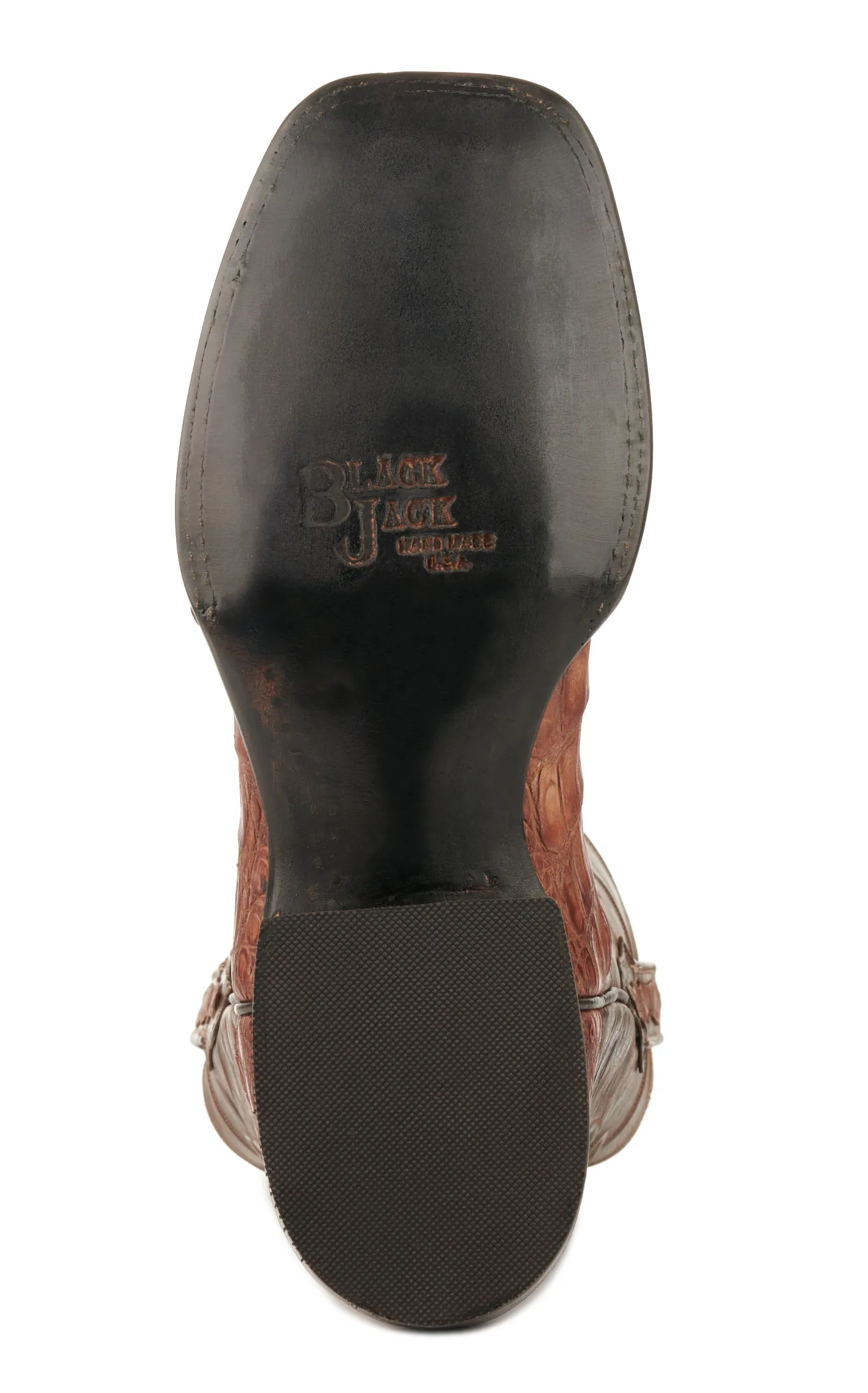 Black Jack Men's Burnished Barnwood and Brown Caiman Belly Wide Square Toe Exotic Cowboy Boots