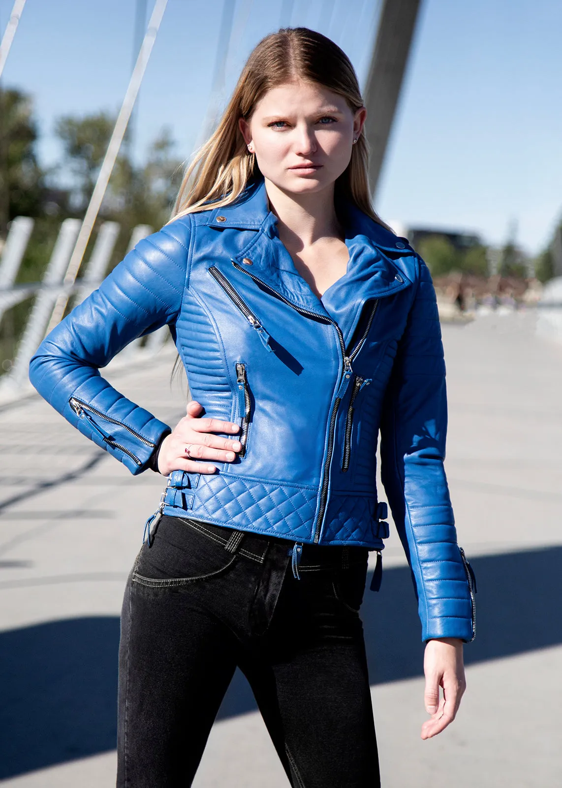 Blue Leather Jacket Womens | Blue Moto Quilted Jacket