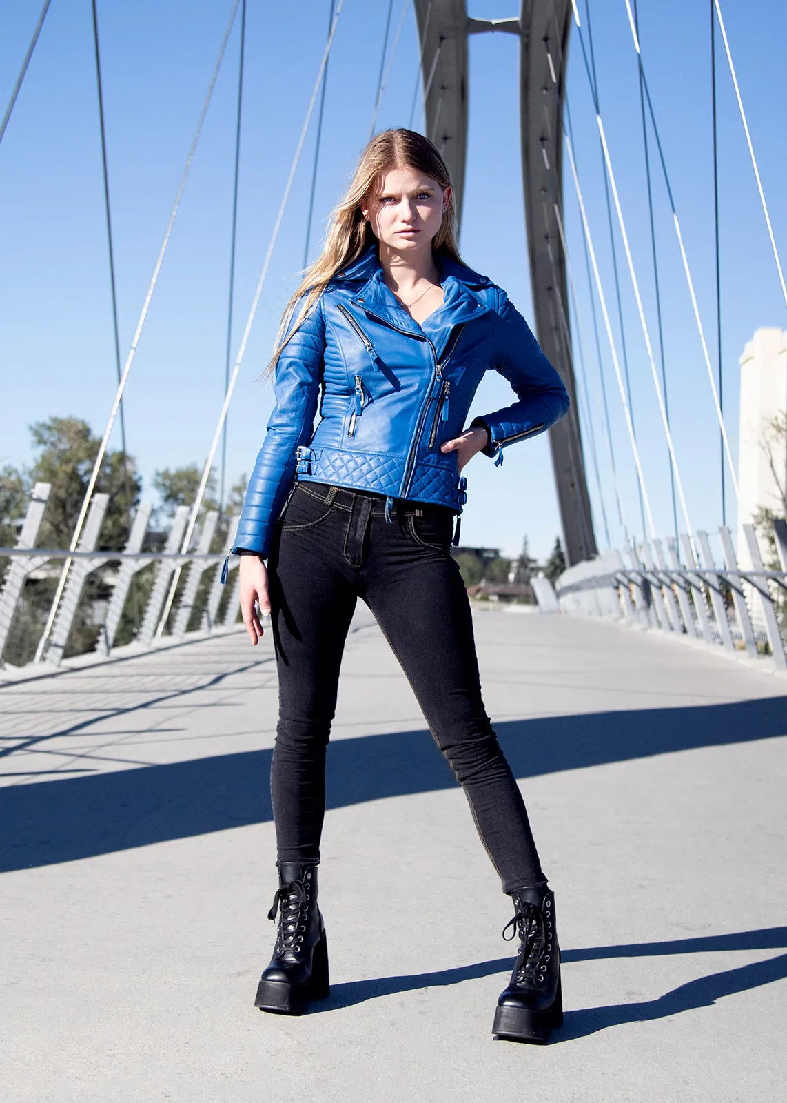 Blue Leather Jacket Womens | Blue Moto Quilted Jacket