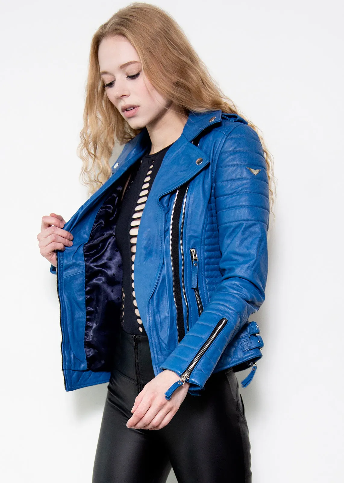 Blue Leather Jacket Womens | Blue Moto Quilted Jacket