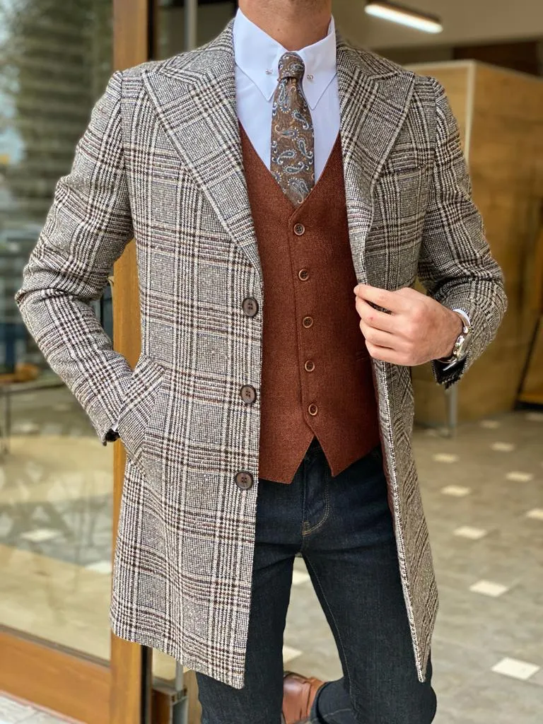 Bojoni Beige Slim Fit Single Breasted Plaid Wool Long Coat