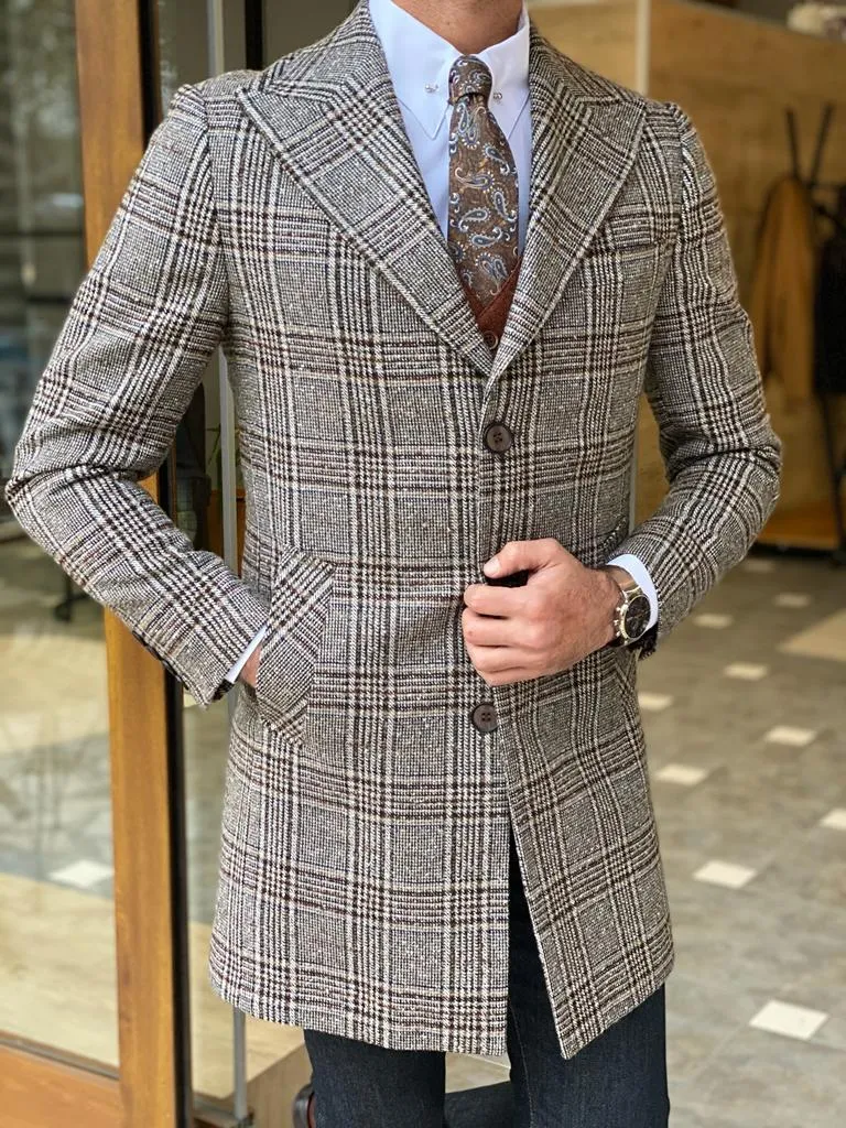 Bojoni Beige Slim Fit Single Breasted Plaid Wool Long Coat