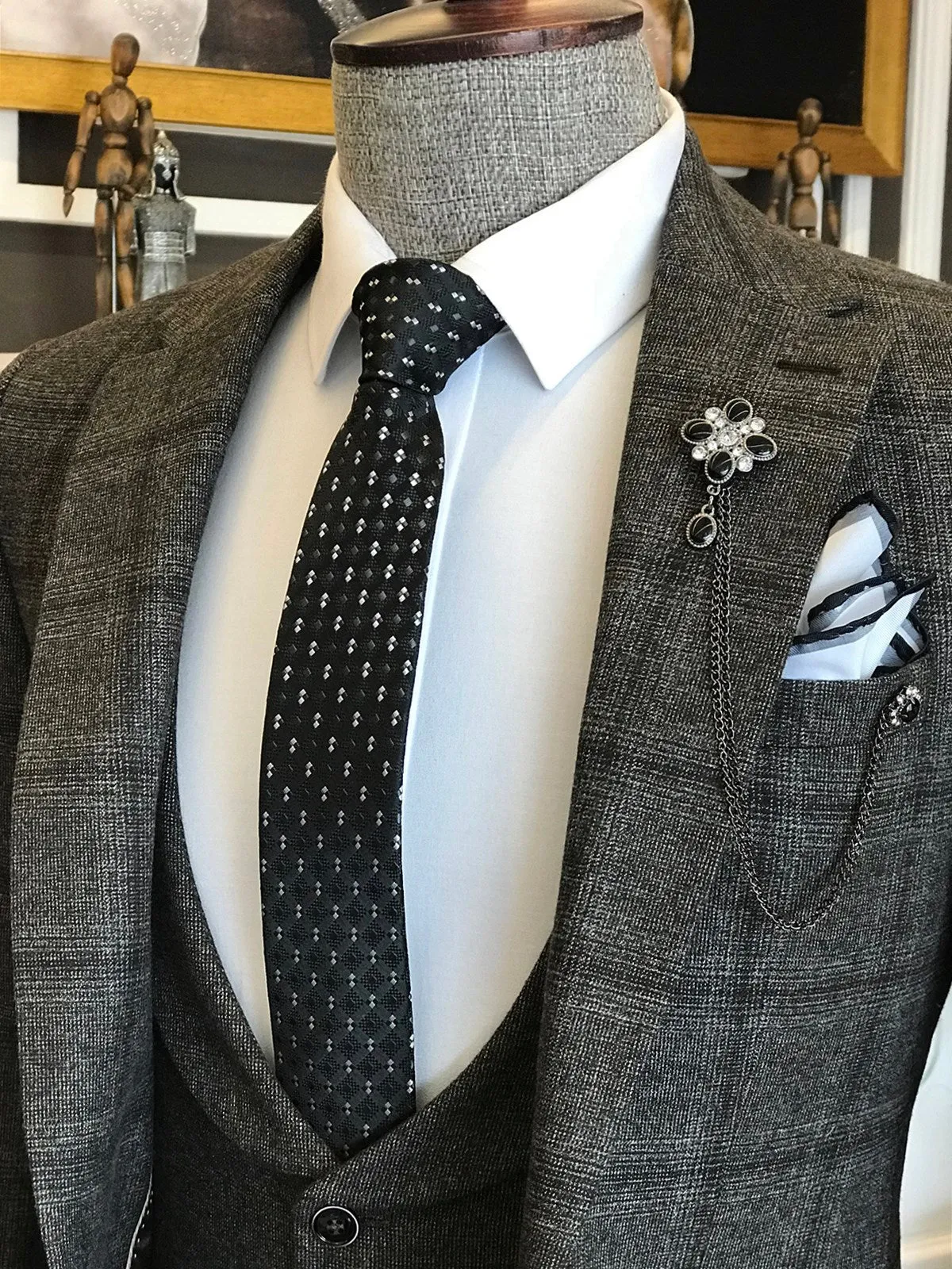 Bojoni Grey Plaid Slim-Fit Suit 3-Piece