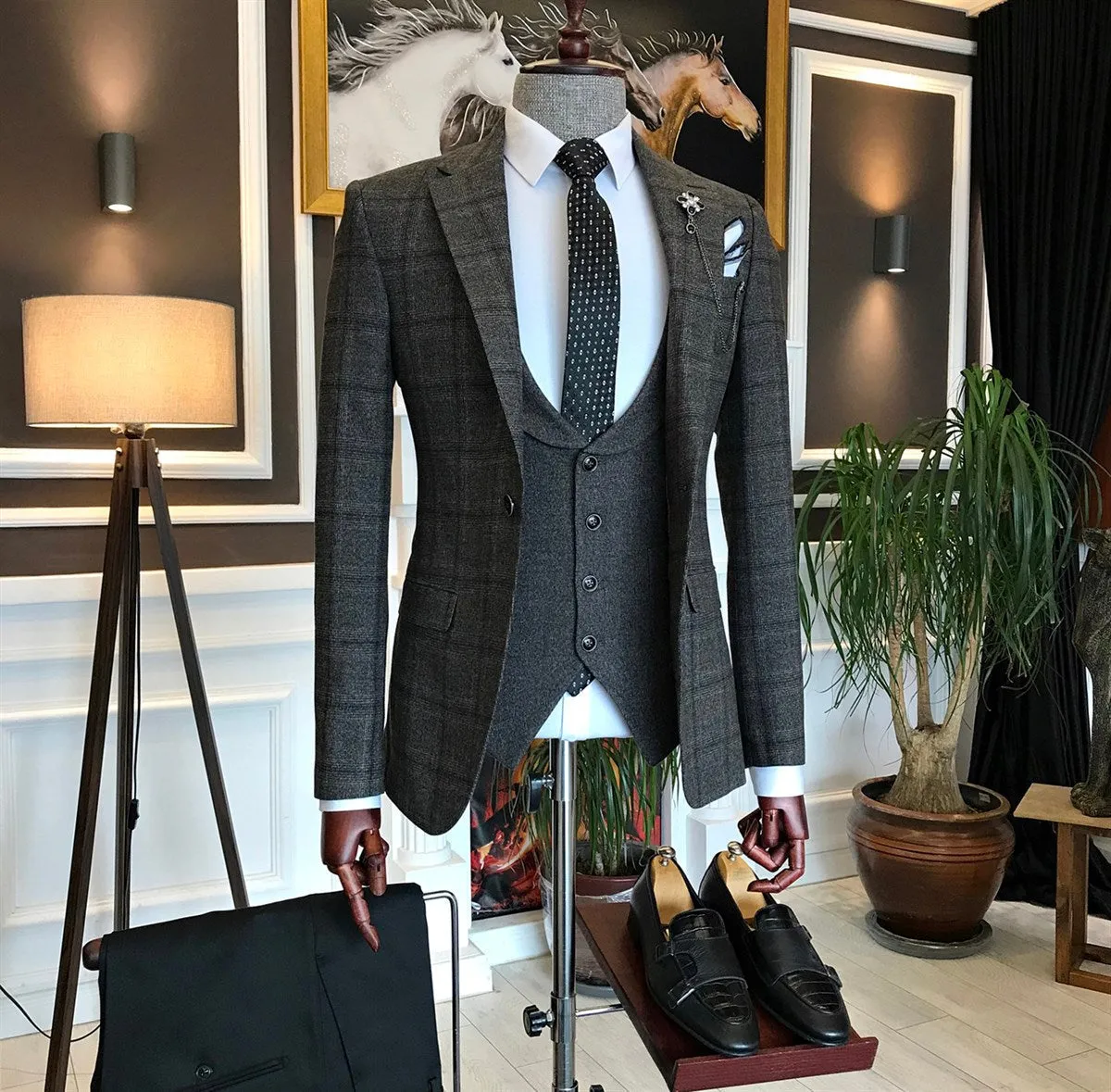 Bojoni Grey Plaid Slim-Fit Suit 3-Piece