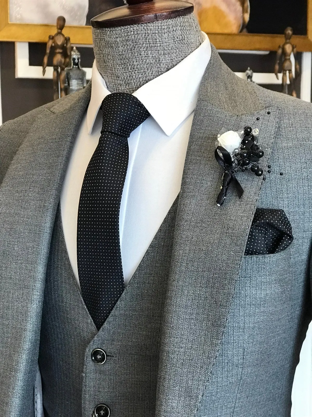 Bojoni Grey Striped Slim-Fit Suit 3-Piece