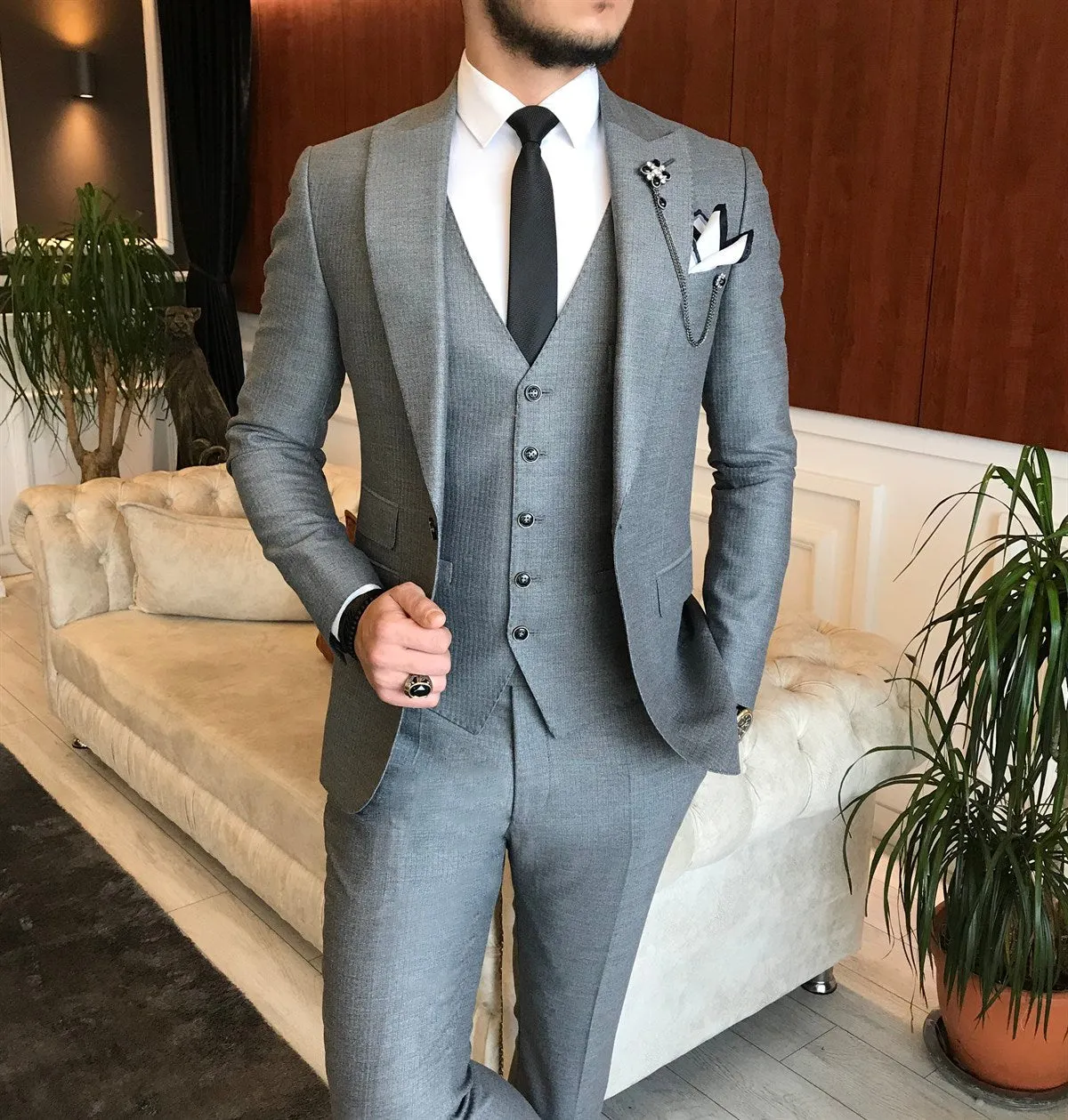 Bojoni Grey Striped Slim-Fit Suit 3-Piece