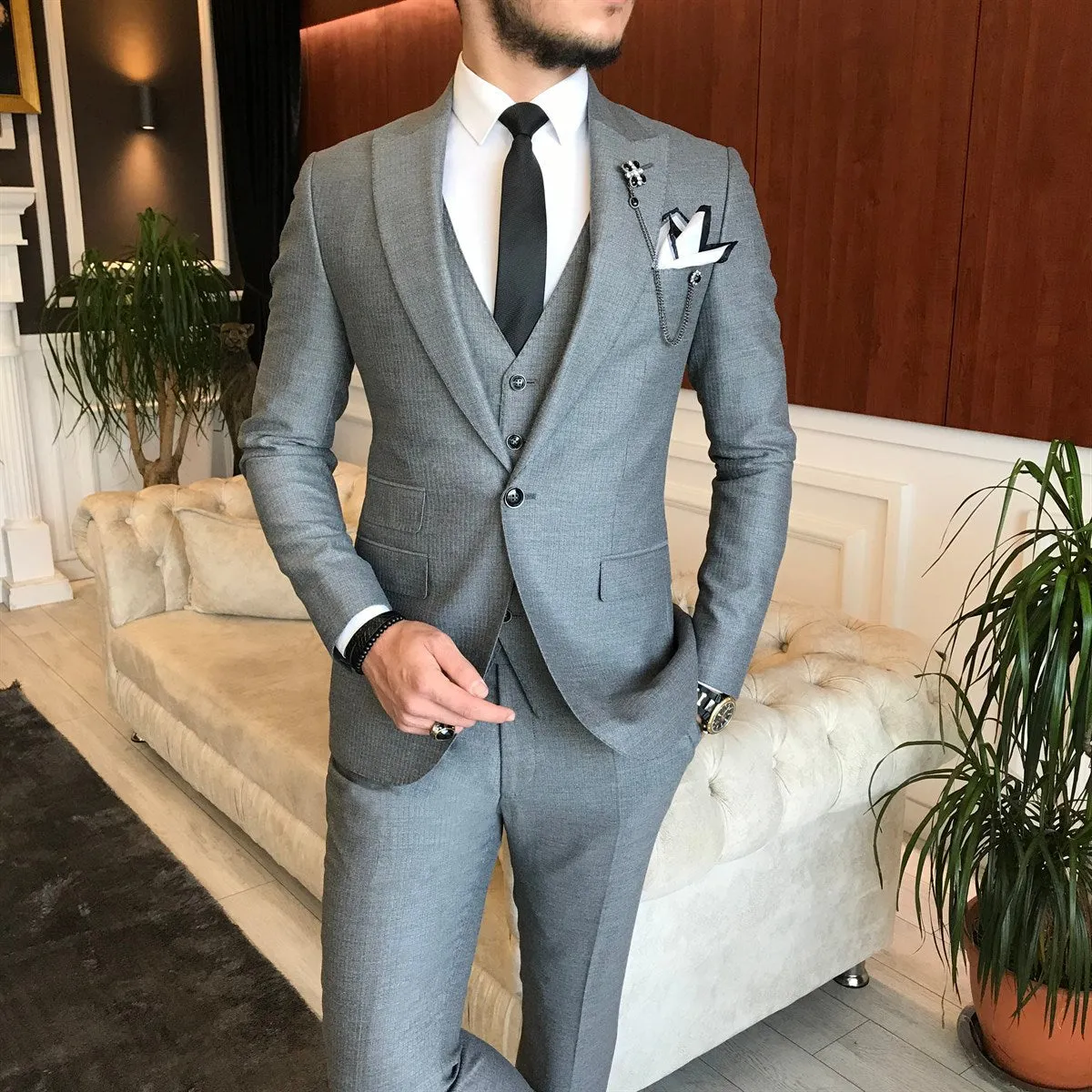 Bojoni Grey Striped Slim-Fit Suit 3-Piece