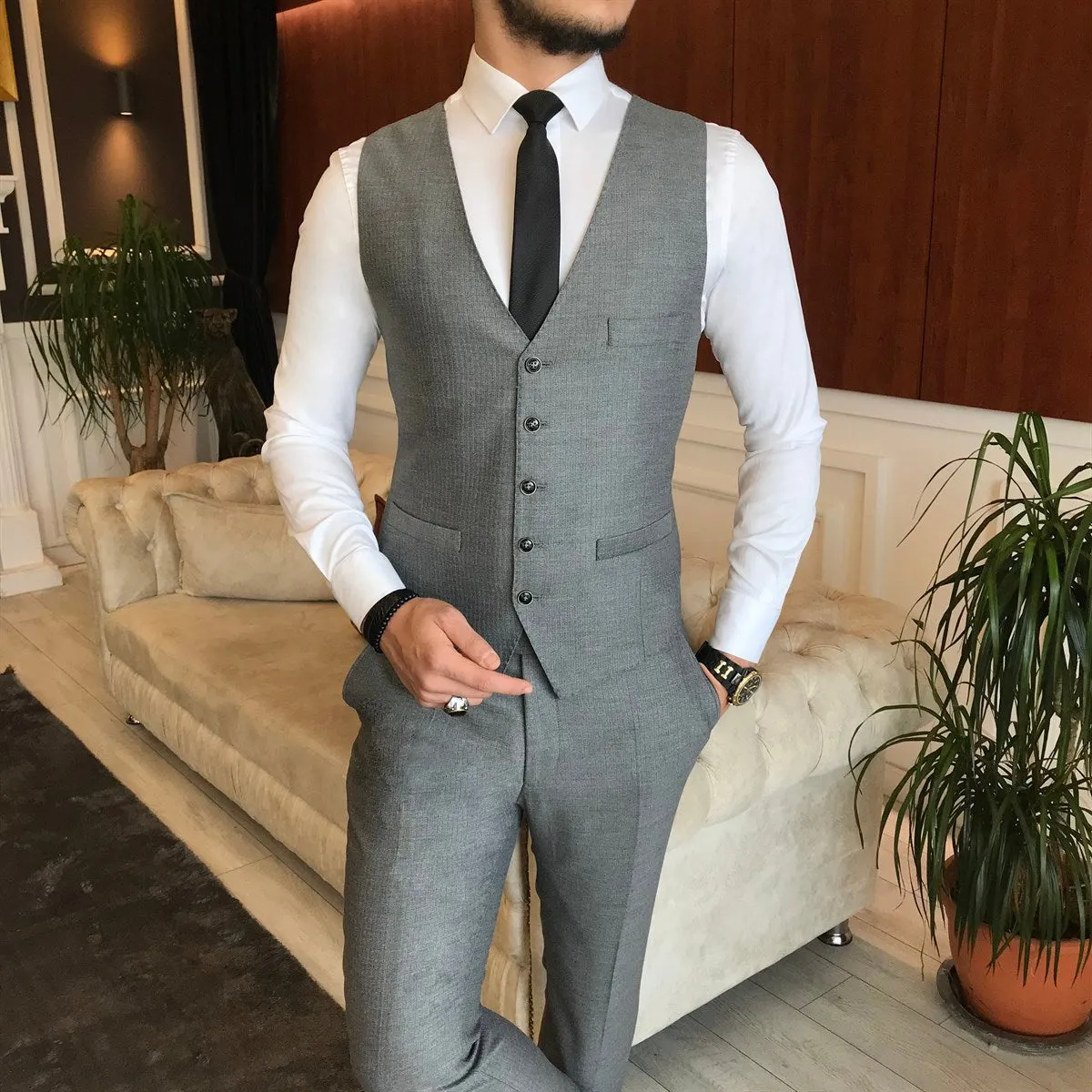 Bojoni Grey Striped Slim-Fit Suit 3-Piece