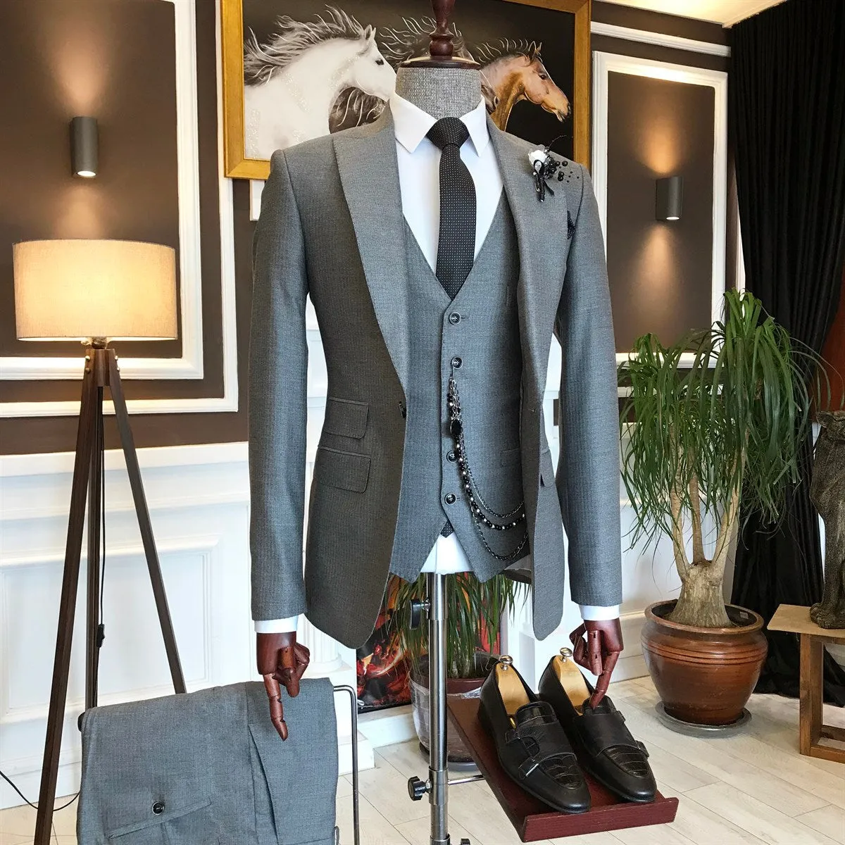 Bojoni Grey Striped Slim-Fit Suit 3-Piece