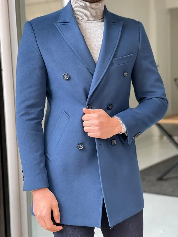 Bojoni Wilson Blue Slim Fit Double Breasted Wool Long Coat