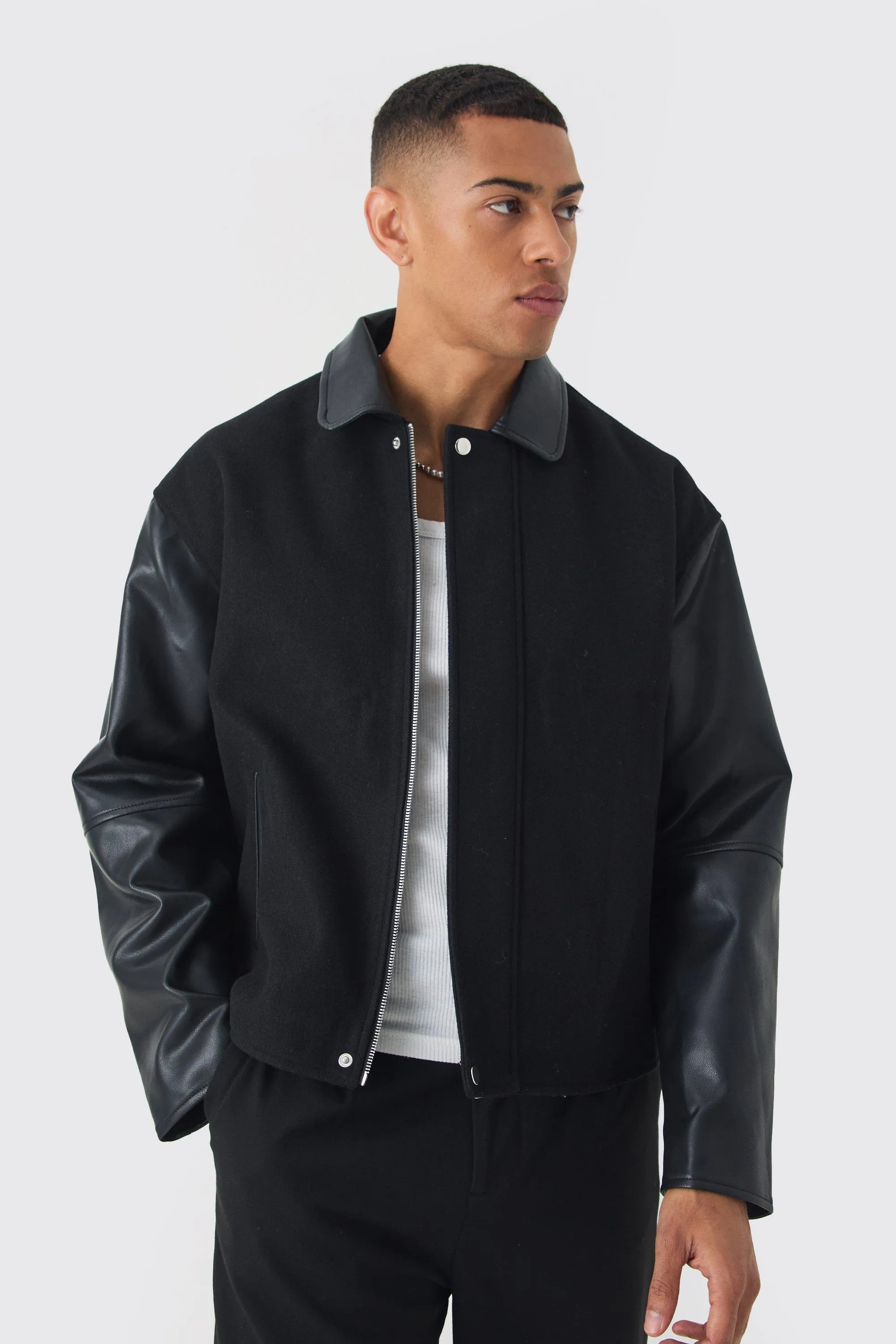 Boxy PU Sleeve Collared Harrington Jacket In Black