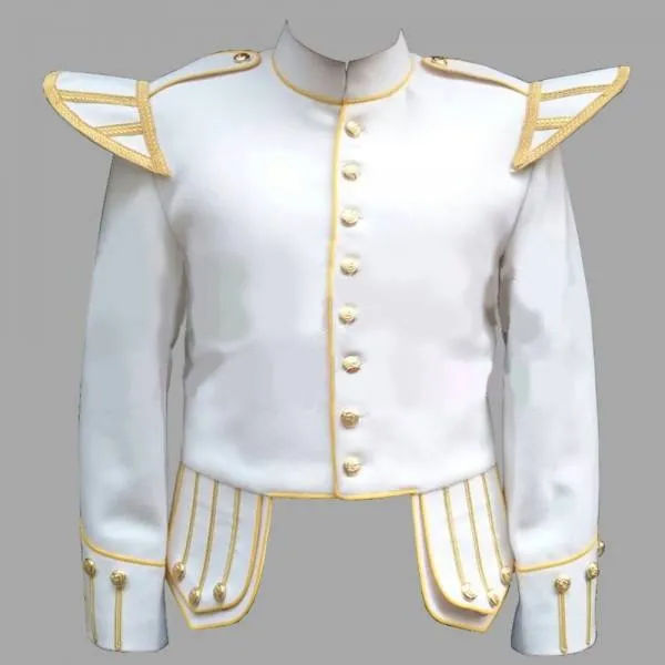 Buy White Fancy Doublet Piper Kilt Jacket with Gold Trim - Jackets for Men 0035 | Kilt and Jacks