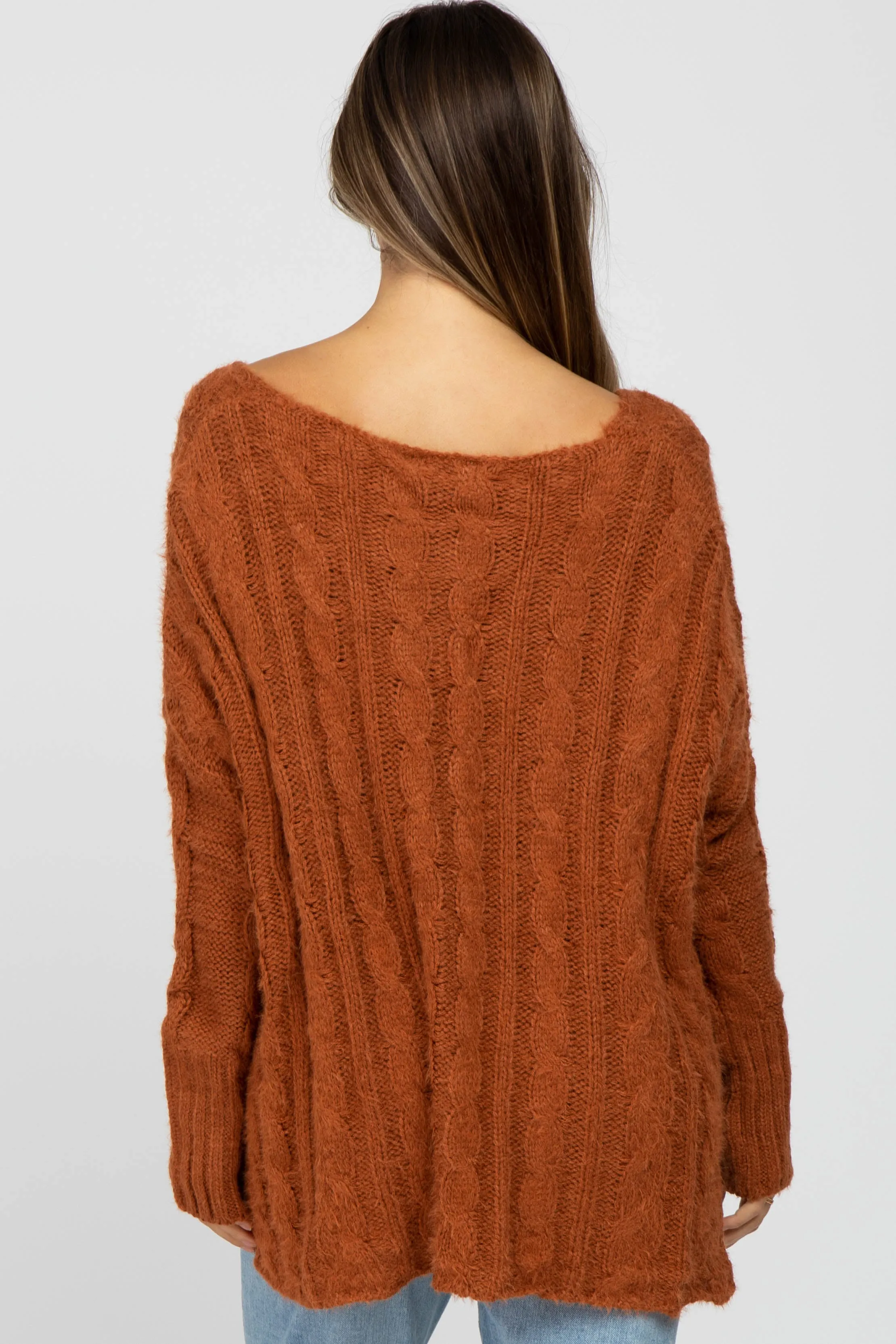 Camel V-Neck Side Slit Cable Knit Maternity Sweater