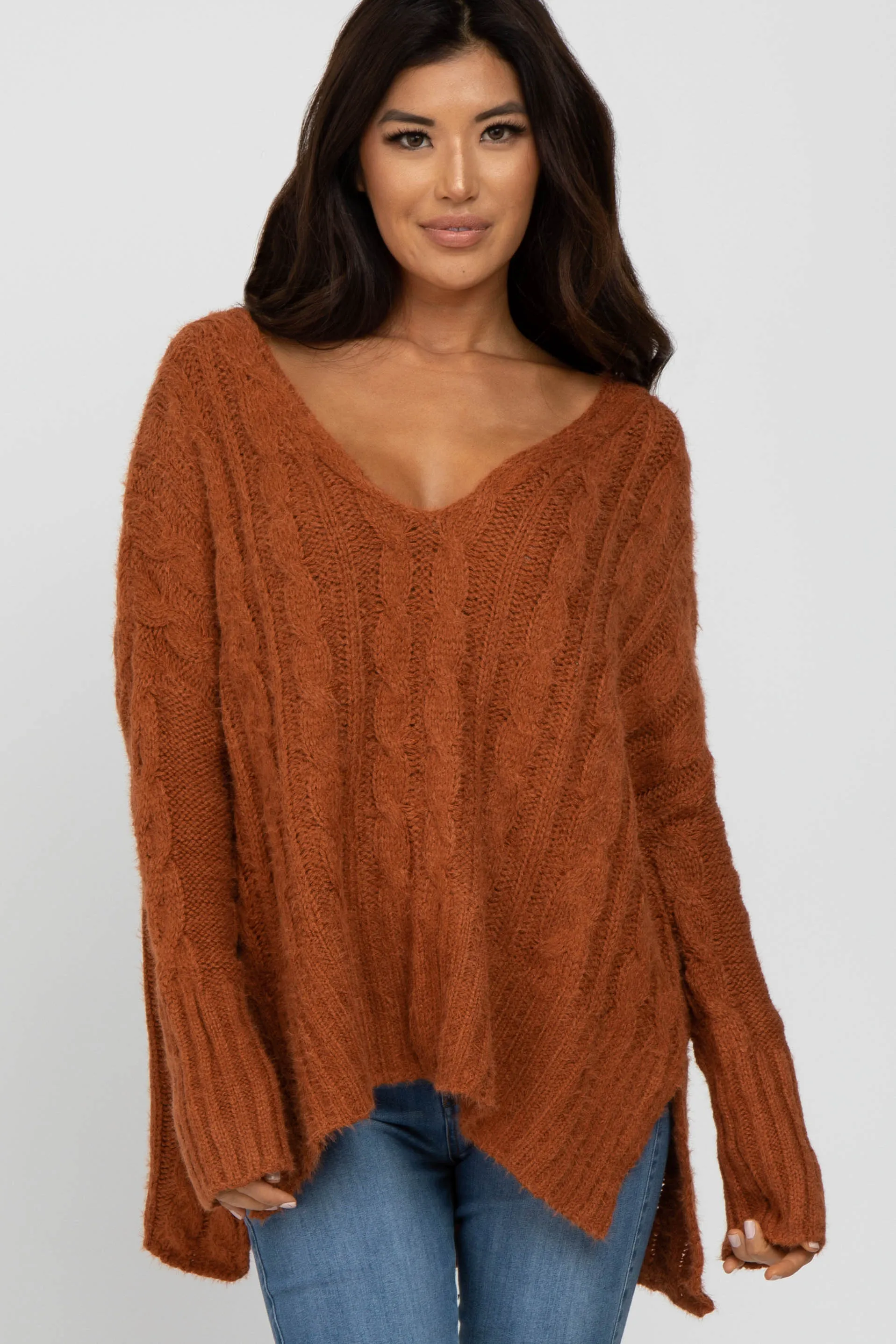 Camel V-Neck Side Slit Cable Knit Maternity Sweater