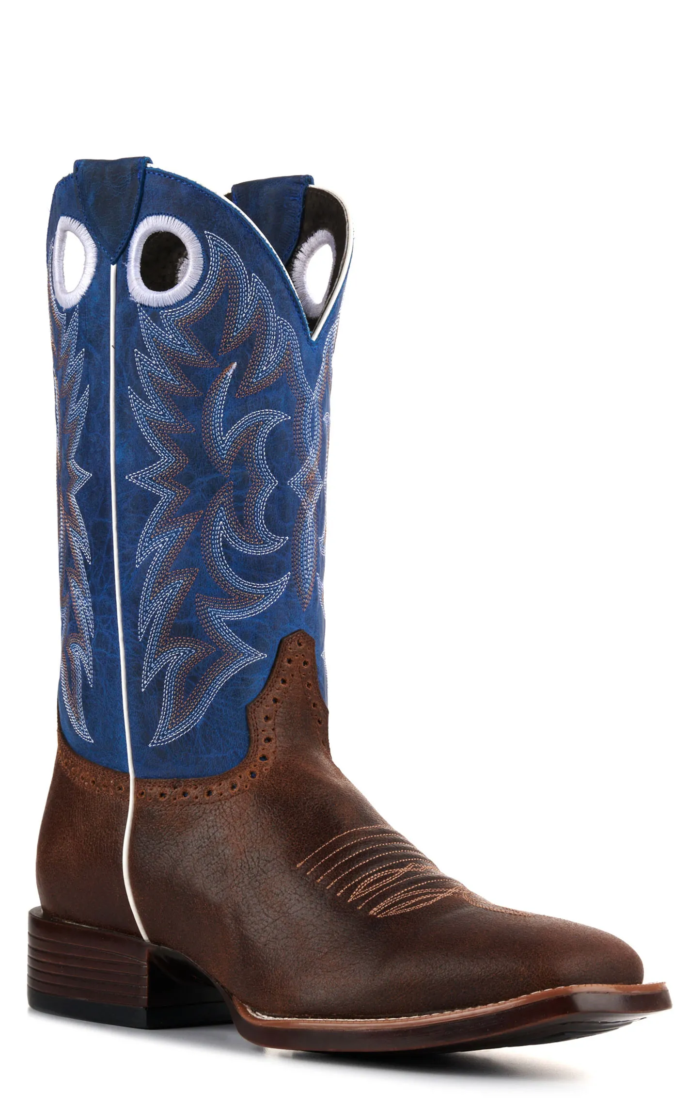 Cavender's Men's Tobacco and Blue Feather Weight Wide Square Toe Cowboy Boots