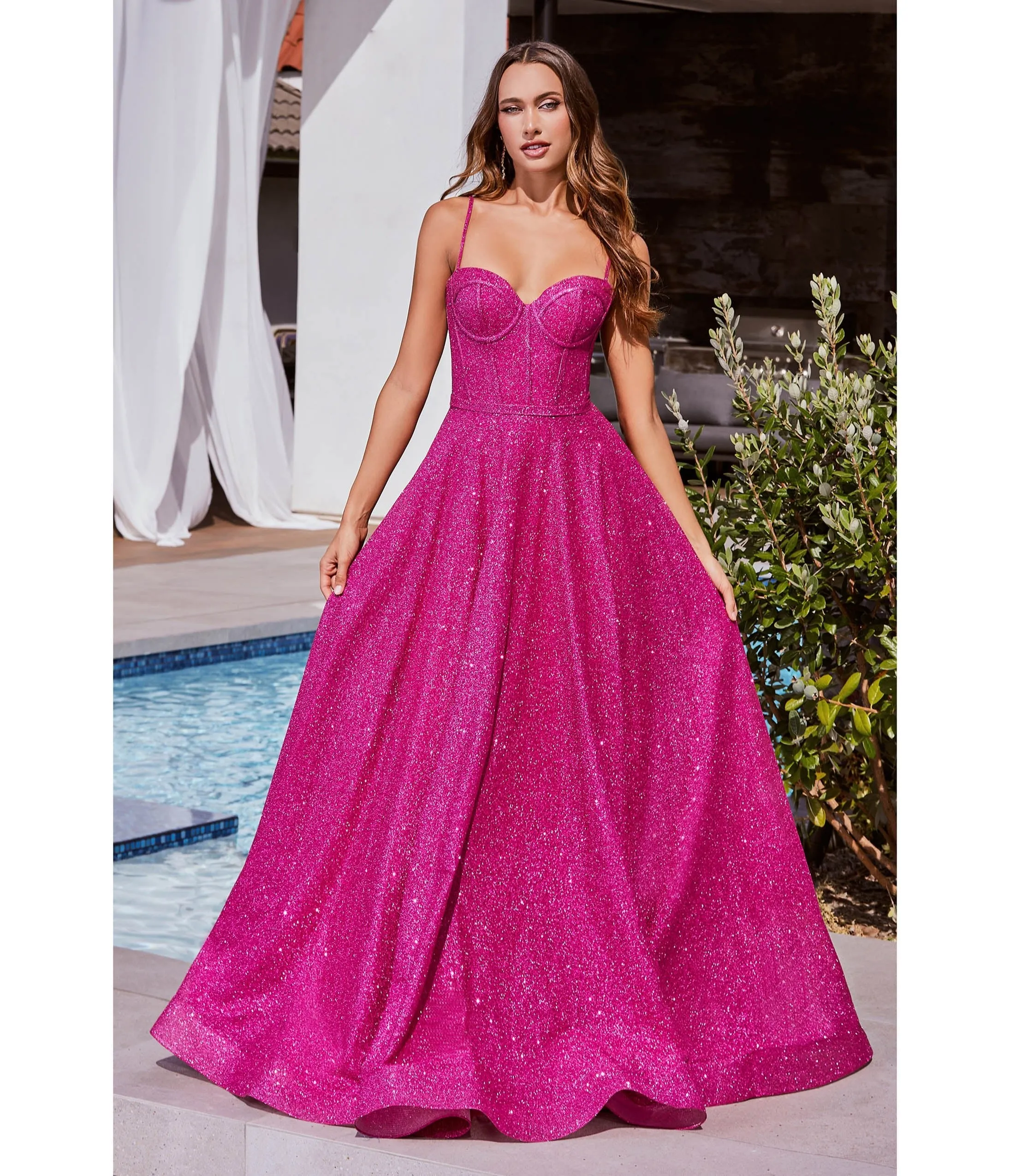 Cinderella Divine Fuschia Glitter Strapless Prom Gown