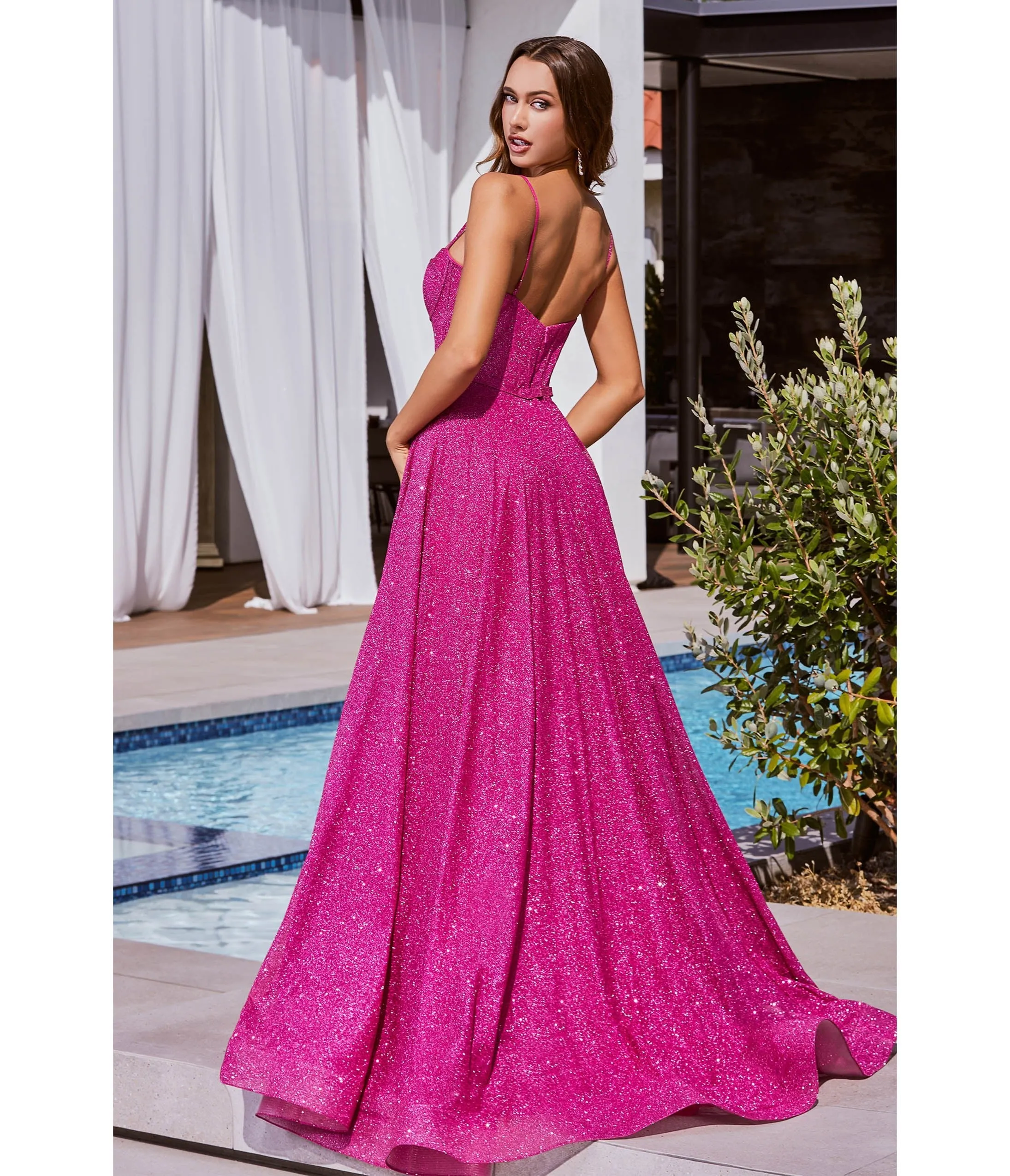 Cinderella Divine Fuschia Glitter Strapless Prom Gown