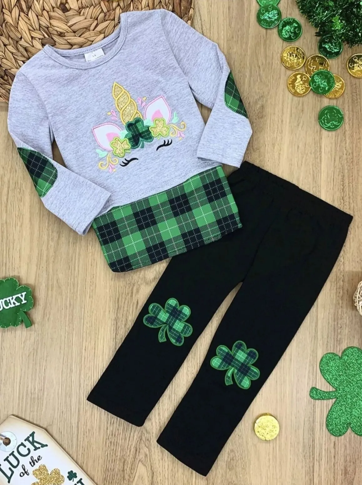 Clover Unicorn Plaid Patch Legging Set