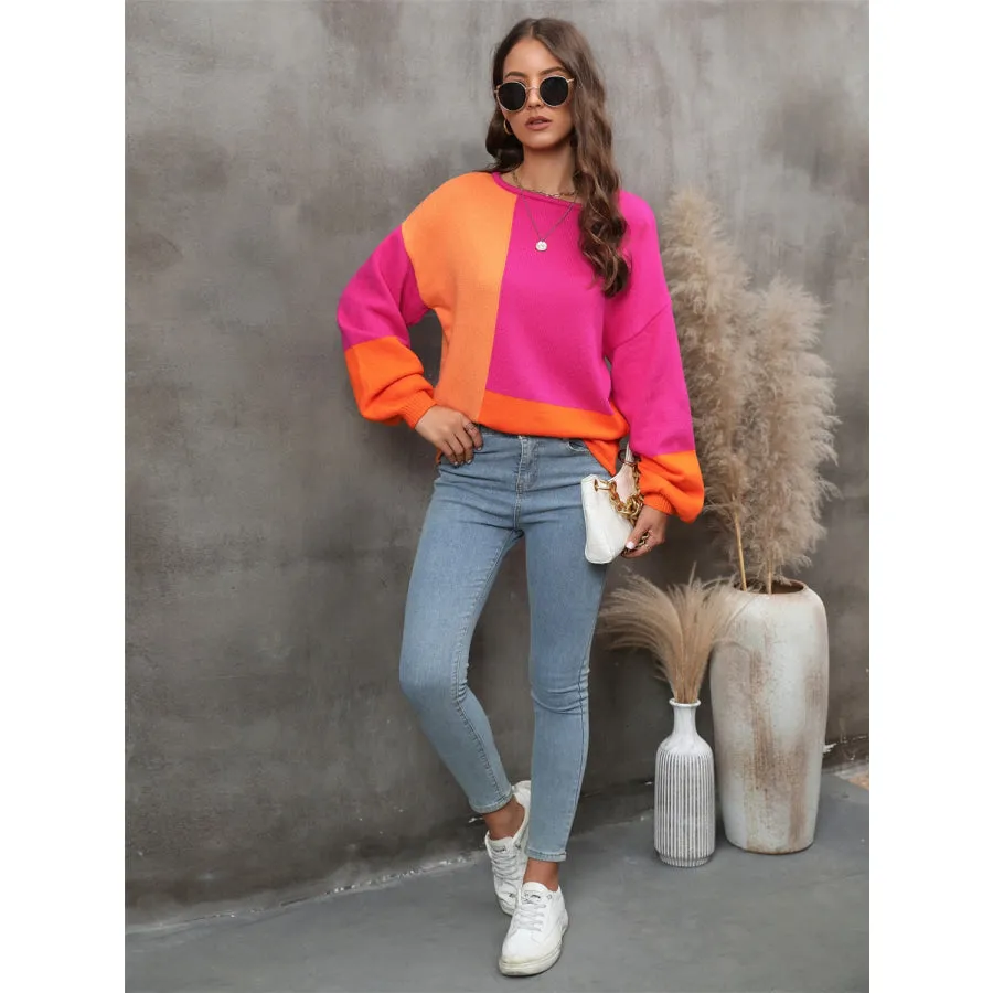 Color Block Round Neck Sweater