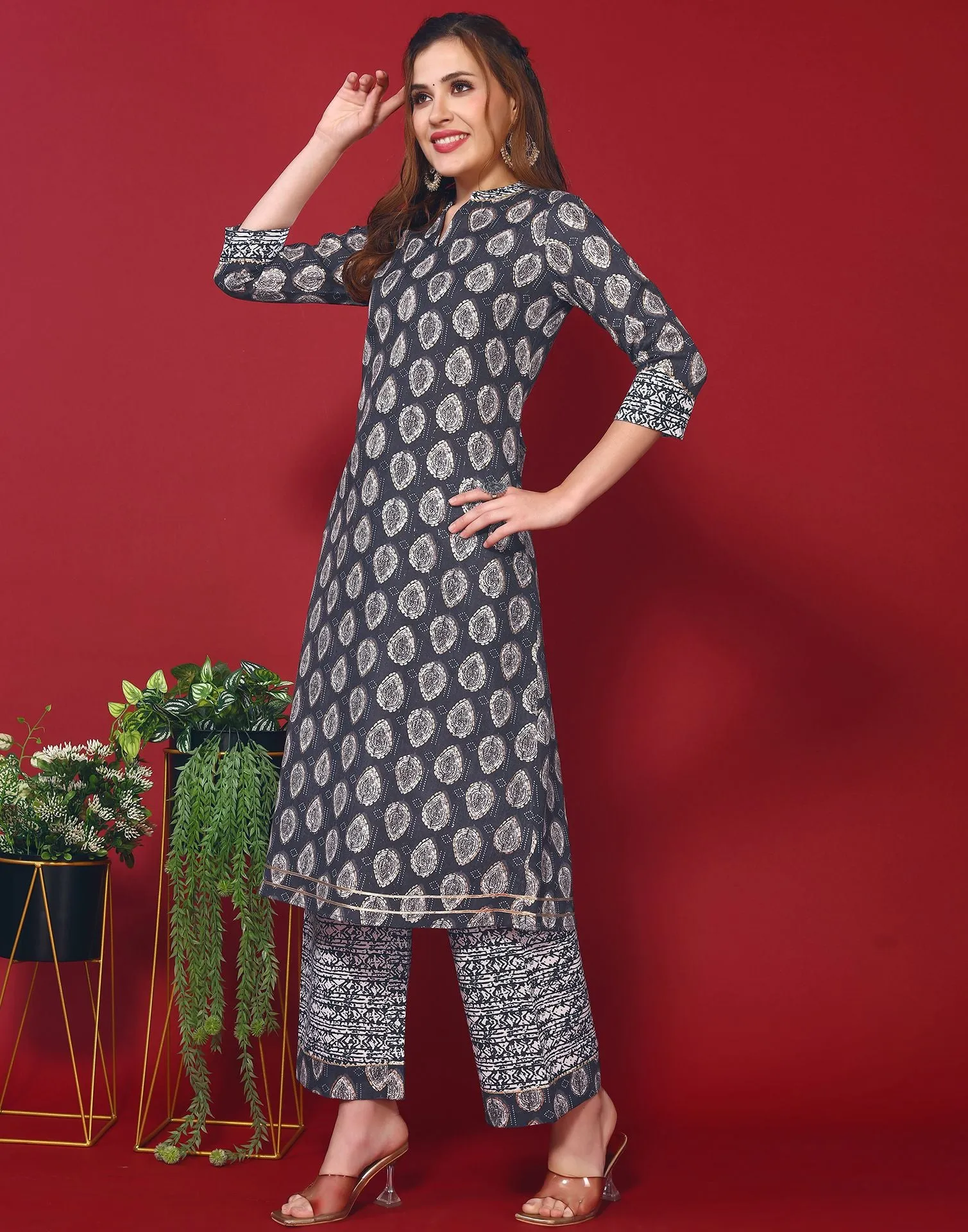 Dark Blue Cotton Printed Straight Kurti With Pant And Dupatta