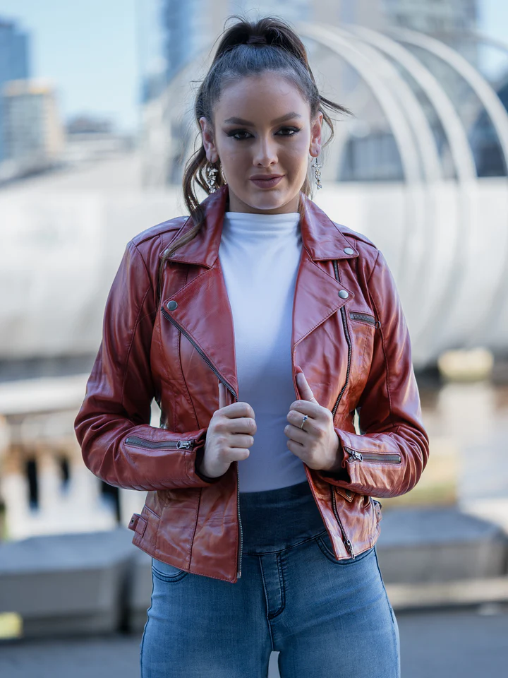 Dark Wine Red Leather Jacket For Women