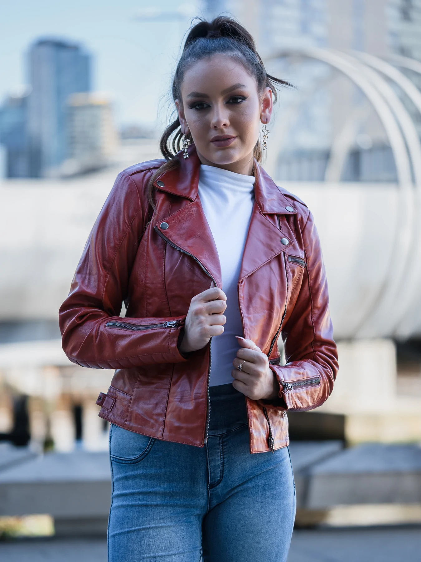 Dark Wine Red Leather Jacket For Women