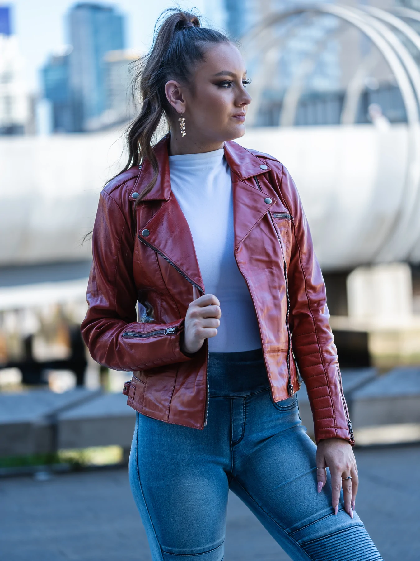 Dark Wine Red Leather Jacket For Women