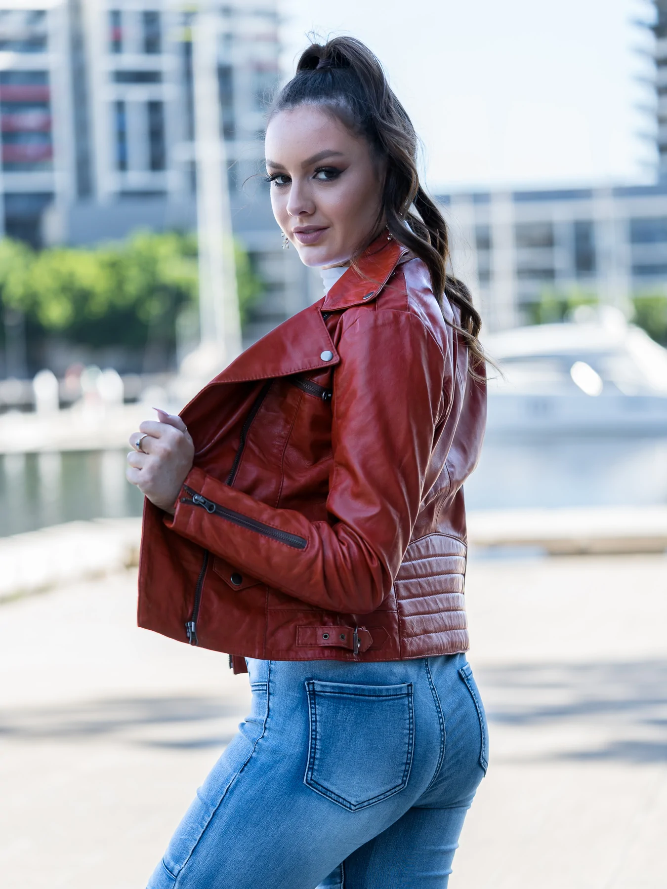 Dark Wine Red Leather Jacket For Women