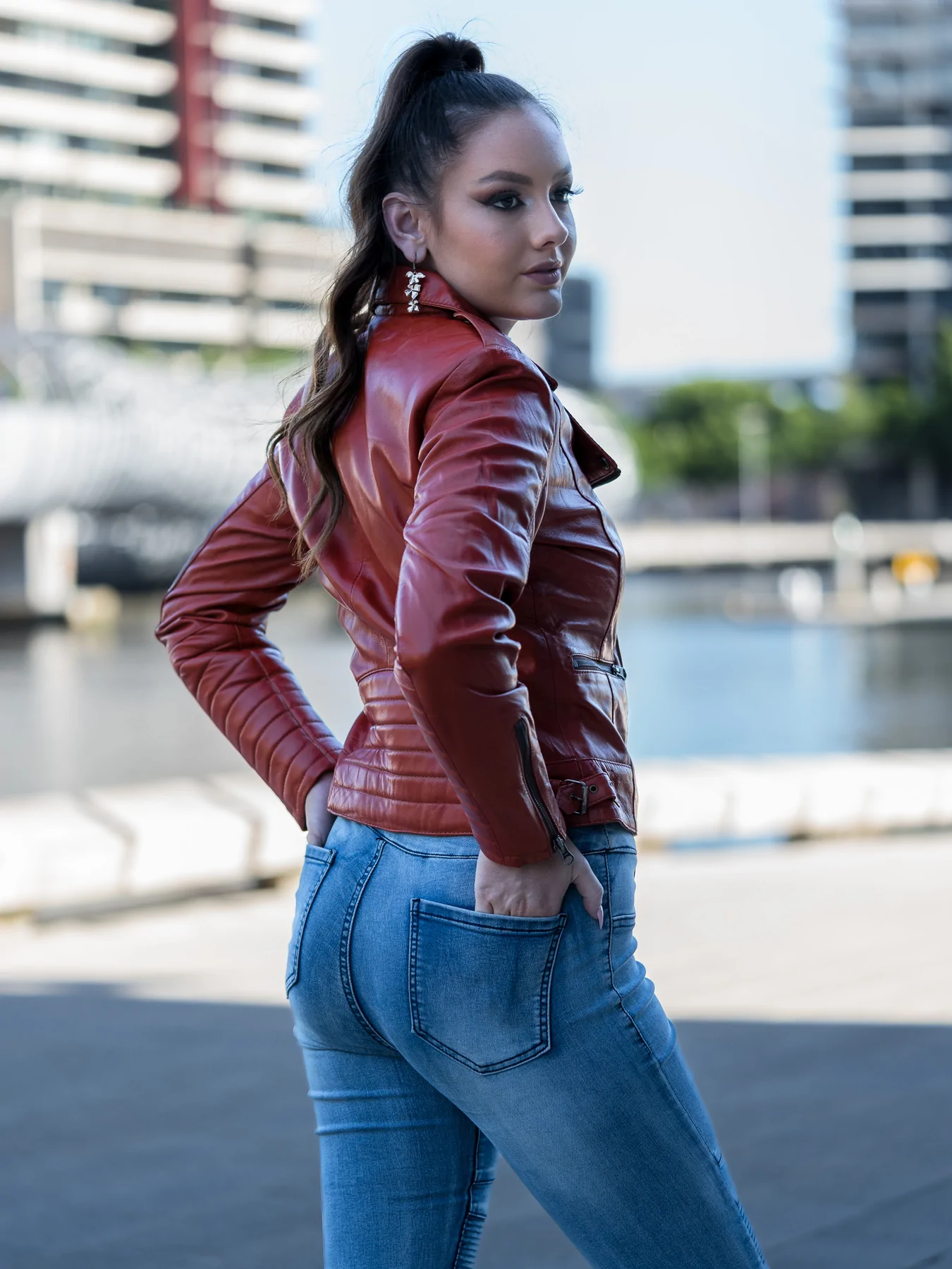 Dark Wine Red Leather Jacket For Women