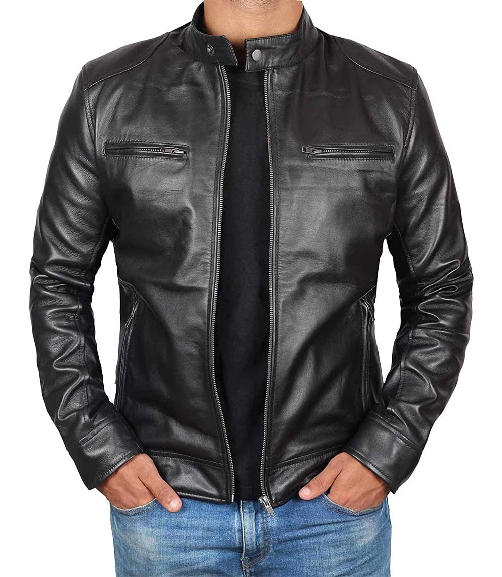 Dodge Tall Men's Black Cafe Racer Leather Jacket