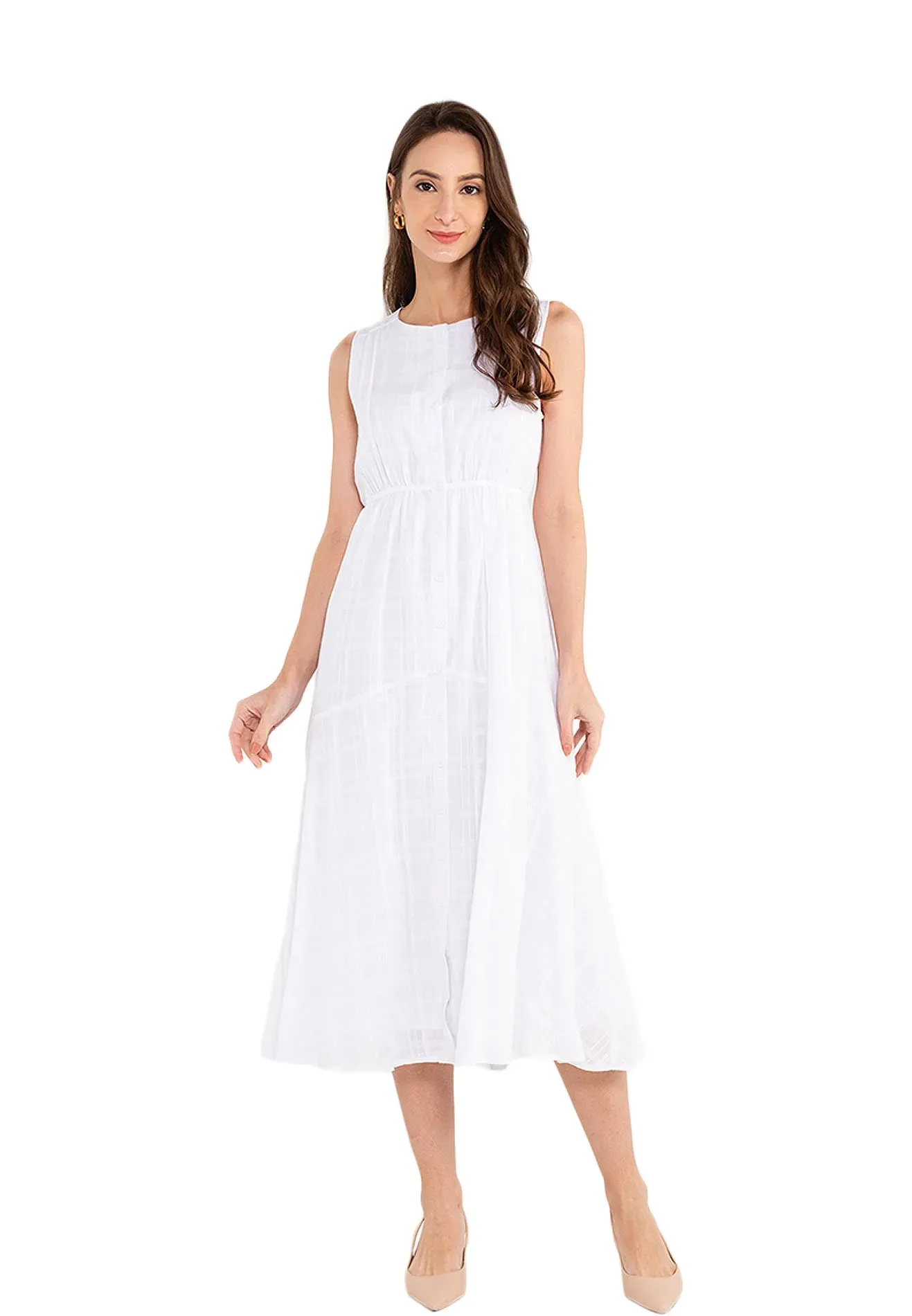 ELLE Apparel Sleeveless Checked Button Front Midi Dress