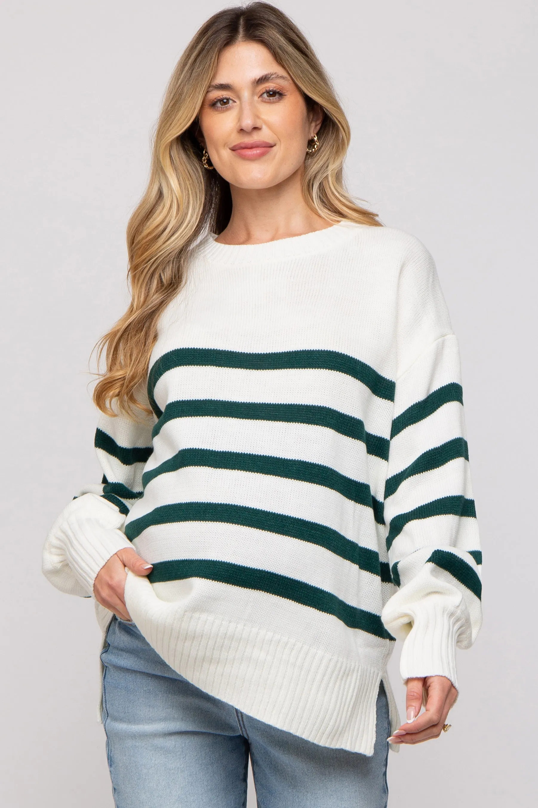 Forest Green Striped Oversized Side Slit Maternity Sweater