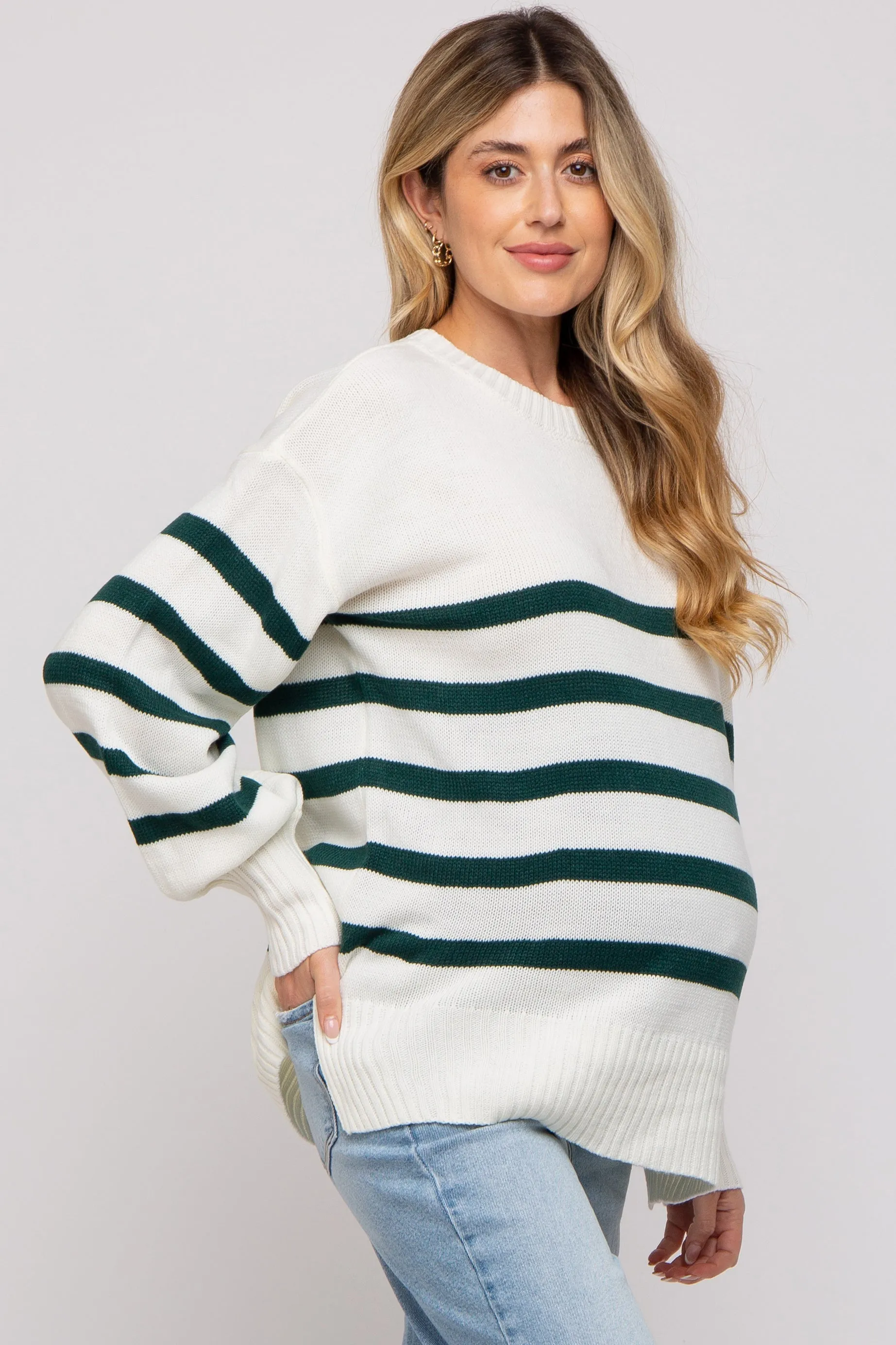 Forest Green Striped Oversized Side Slit Maternity Sweater