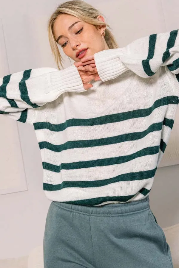 Forest Green Striped Oversized Side Slit Maternity Sweater