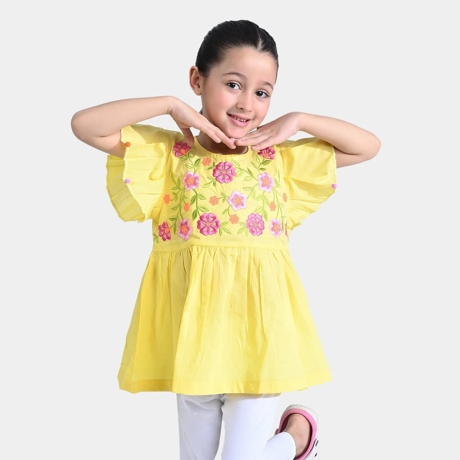 Girls Cotton Slub EMB Top Blazing Florals-B.Yellow