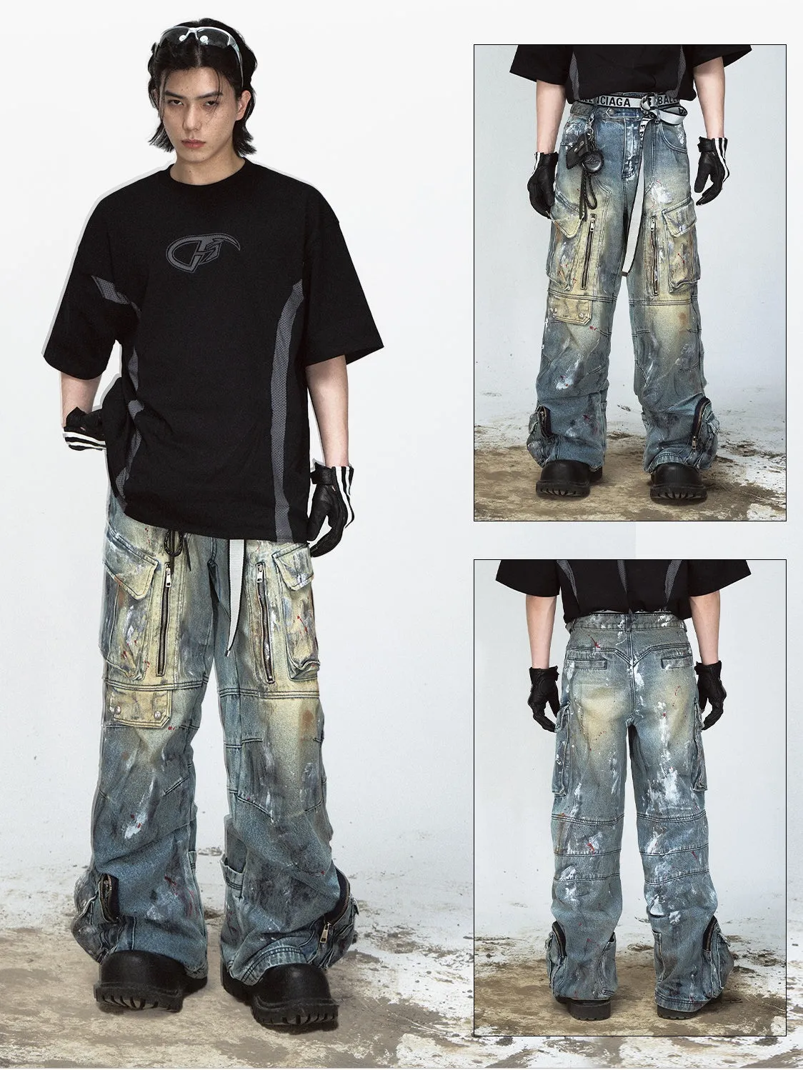 Graffiti Multi-Pocket Wide-Leg Jeans