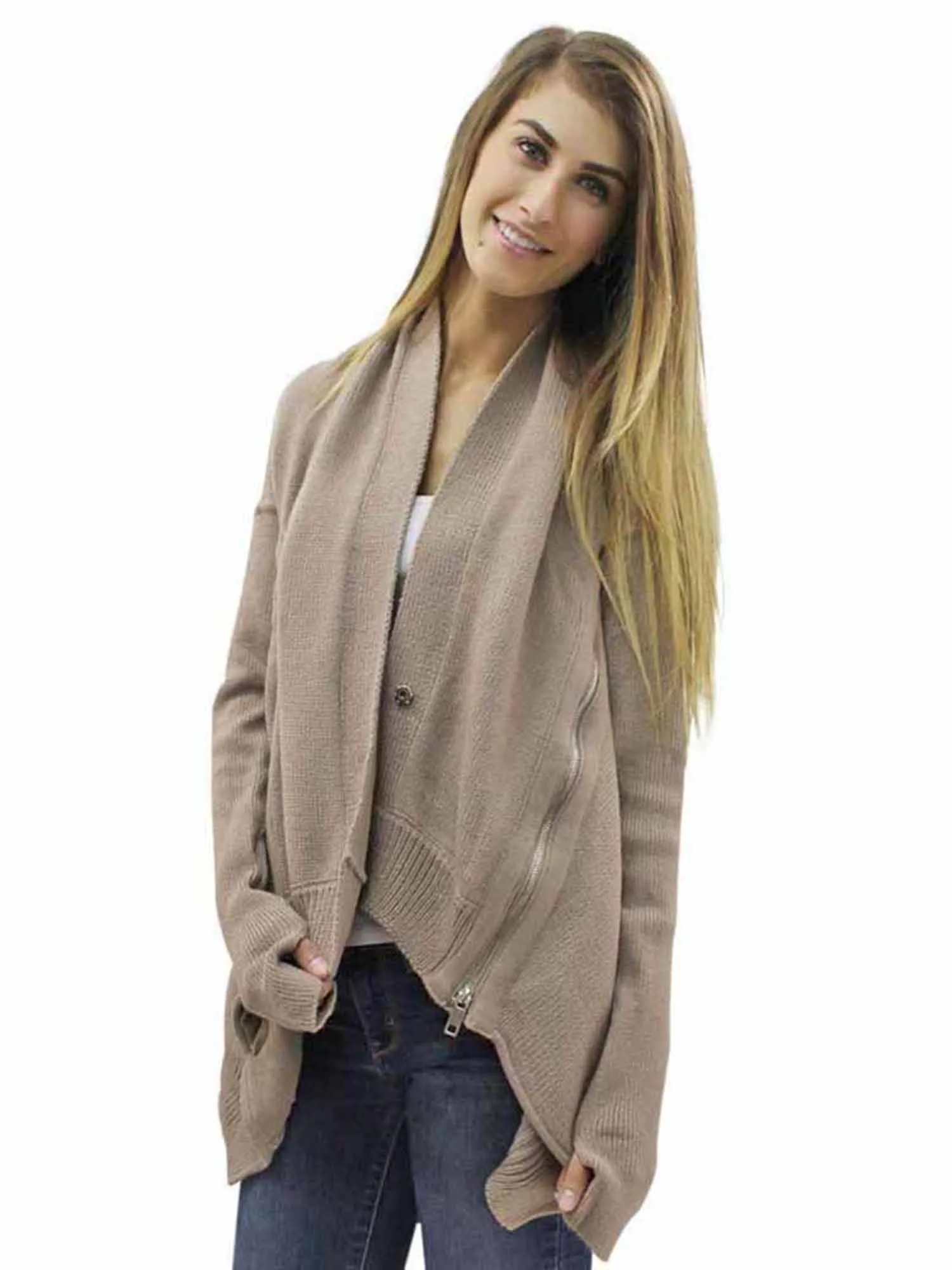 Gray Thick Knit Cardigan With Zipper Detail