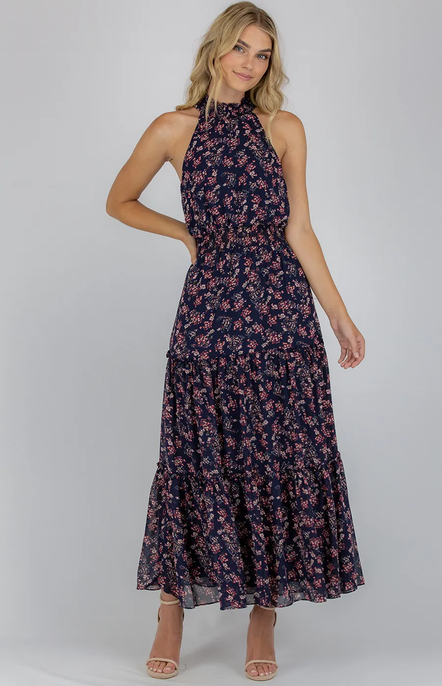 High neckline maxi dress with tiered ruffle details (ADR1056A)