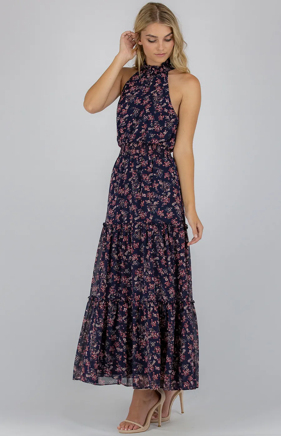 High neckline maxi dress with tiered ruffle details (ADR1056A)