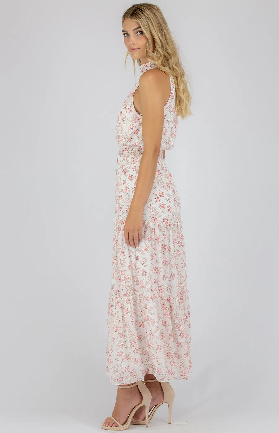 High neckline maxi dress with tiered ruffle details (ADR1056A)