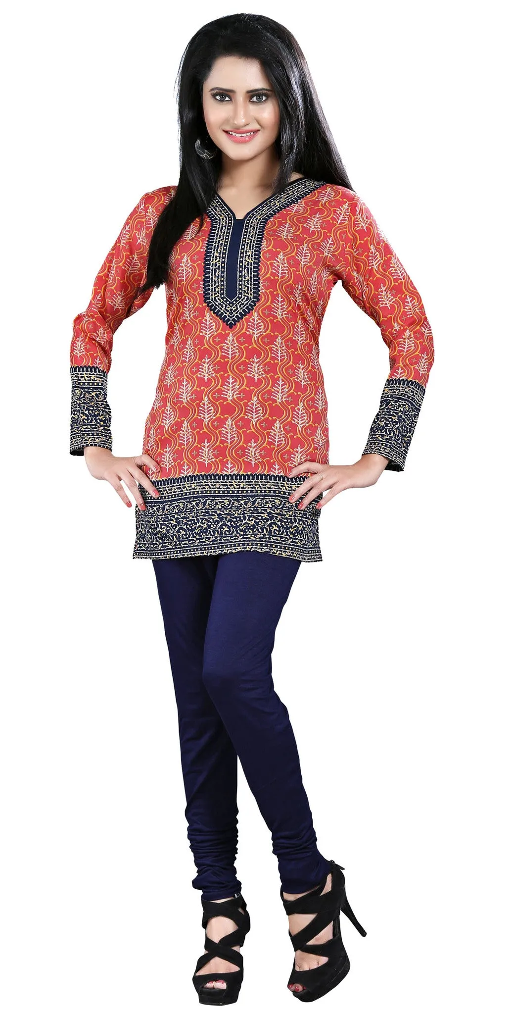 India Tunic Top Kurti Womens Long Blouse Indian Apparel (Red)