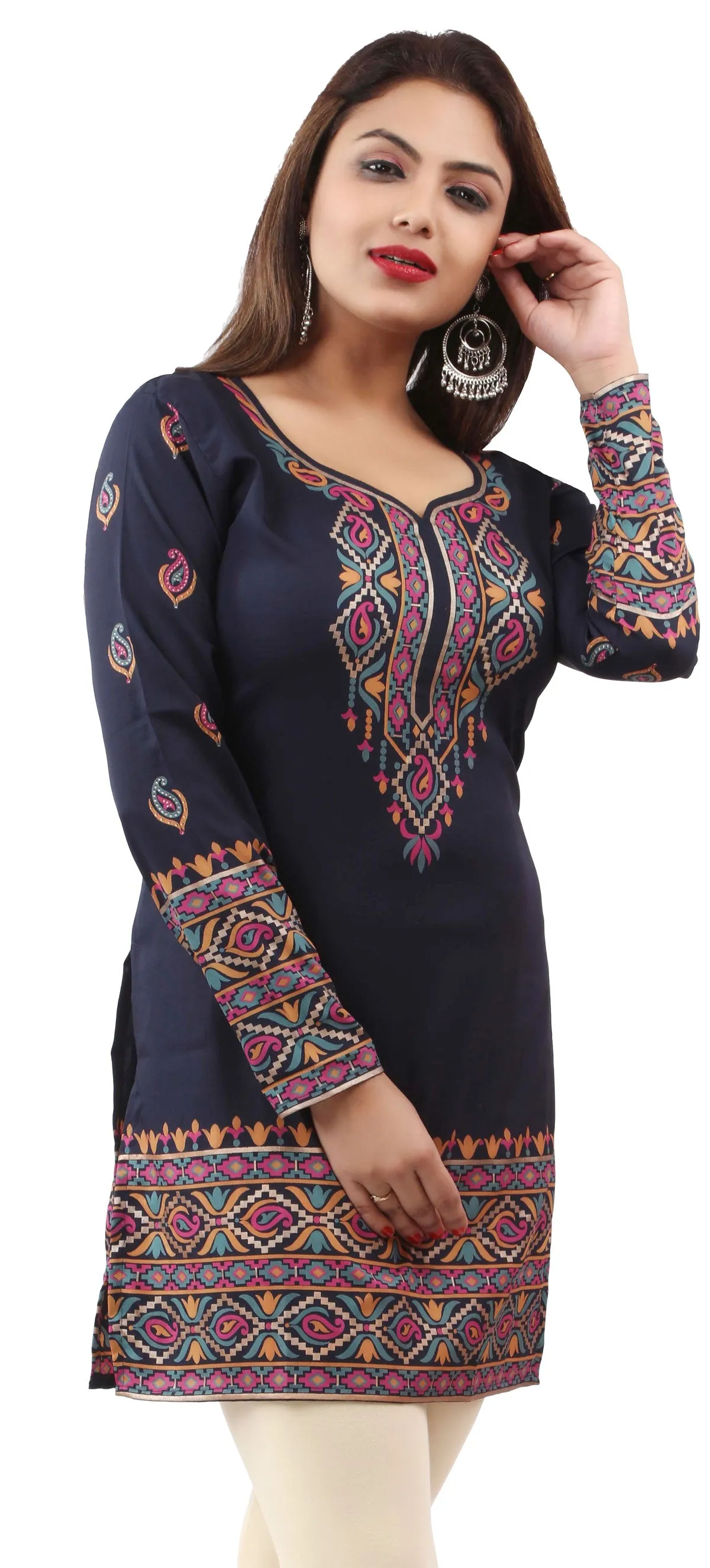 Indian Tunics Kurti Top Blouse Women's India Apparel (Blue)